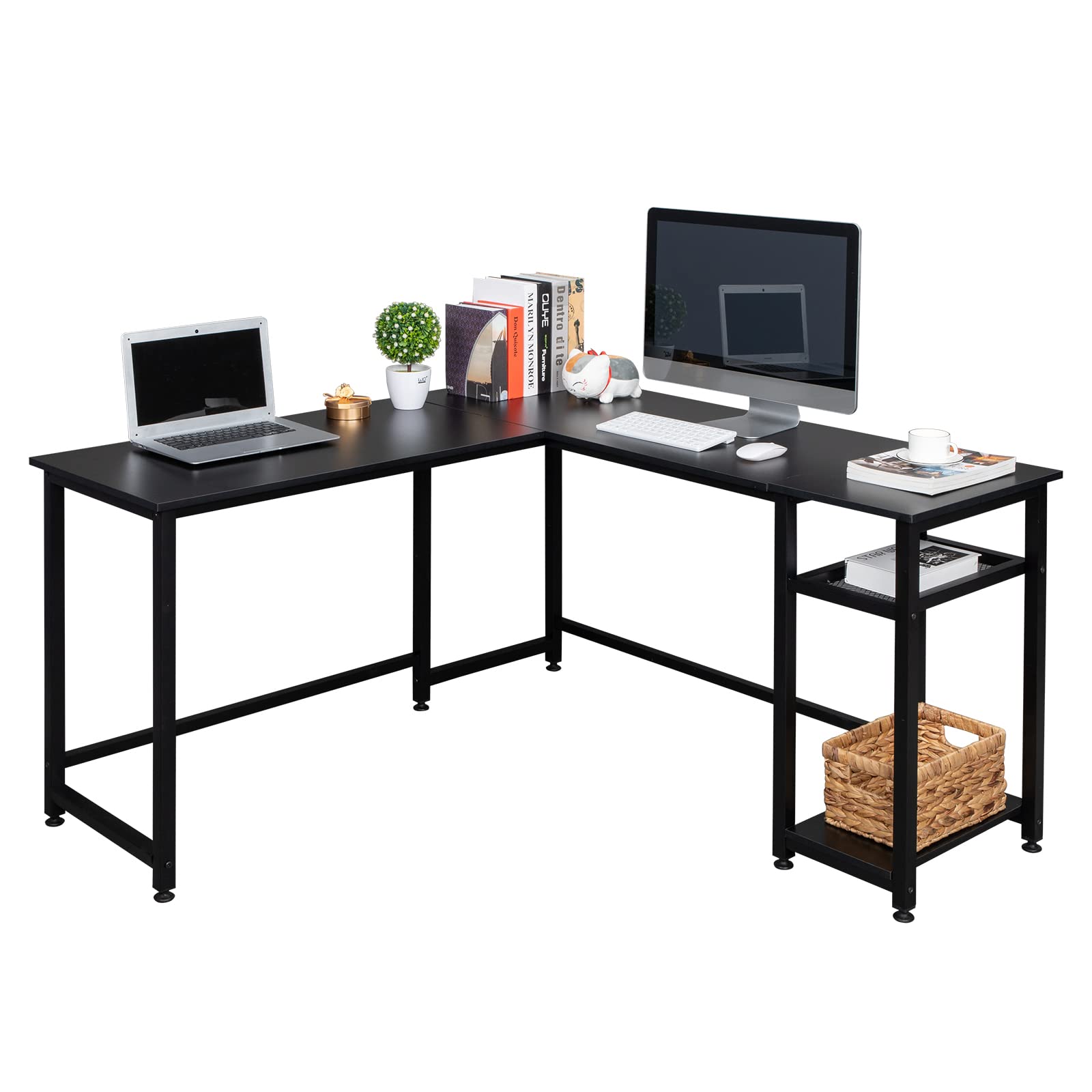 Ergonomic 55-Inch Black Computer Desk for Home Office - Study Writing Workstation with Storage Shelf, Space-Saving Corner Desk for PC & Laptop - Perfect for Small Spaces & Remote Work