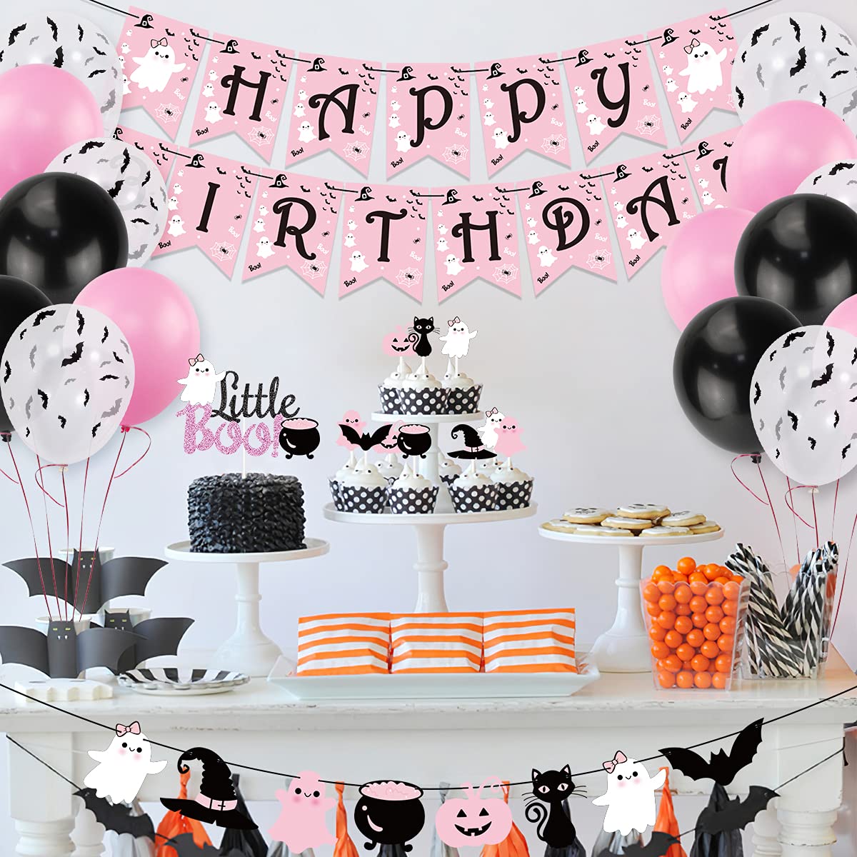 Pink Halloween Happy Birthday Banner, Little Boo Cake Topper with Ghost & 30Pcs Bat Balloons - Scary Theme Party Decor for Halloween, Baby Shower, Kids Birthday - Perfect for Indoor & Outdoor Halloween Celebrations