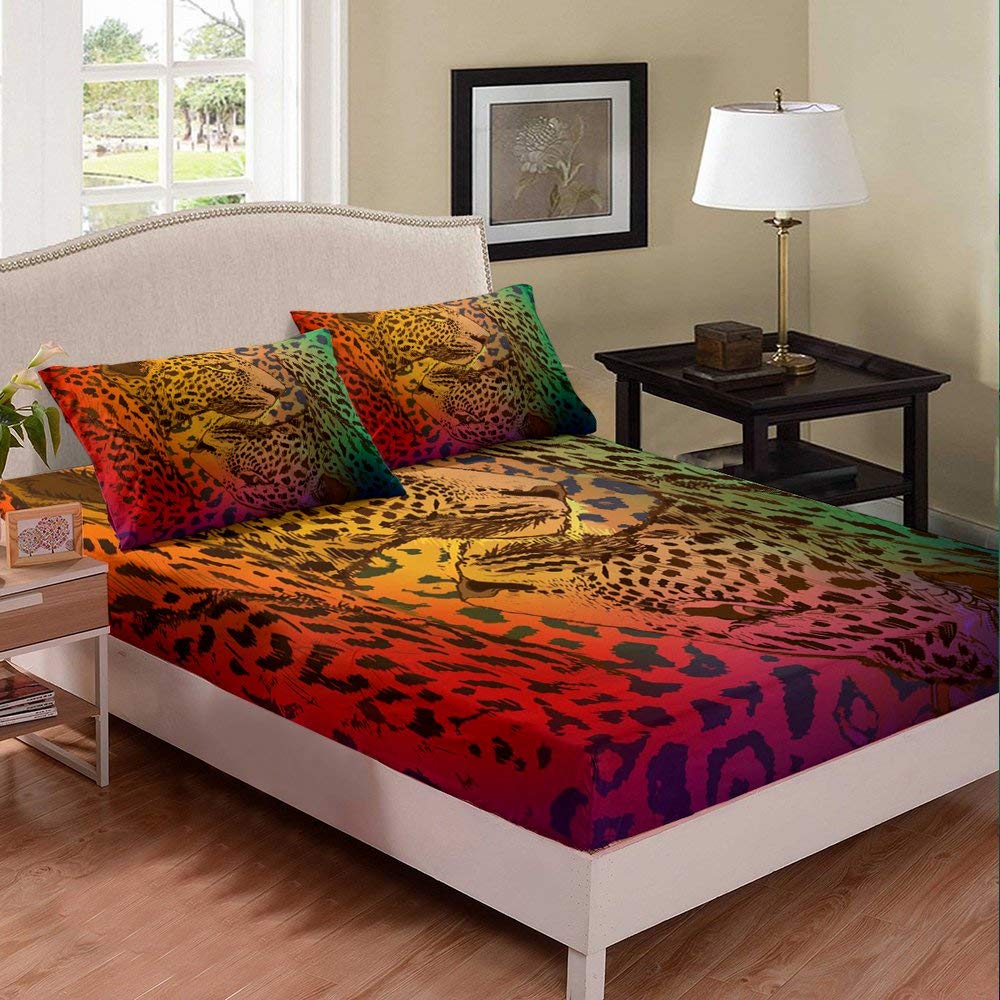 Erosebridal Queen Size Leopard Print Bedding Set - Cheetah Pattern Fitted Sheet & Rainbow Iridescent Comforter Cover - Wildlife Animal Print Bed Set for Kids, Teens & Adults - Perfect for Jungle Themed Bedrooms & Wild Animal Lovers