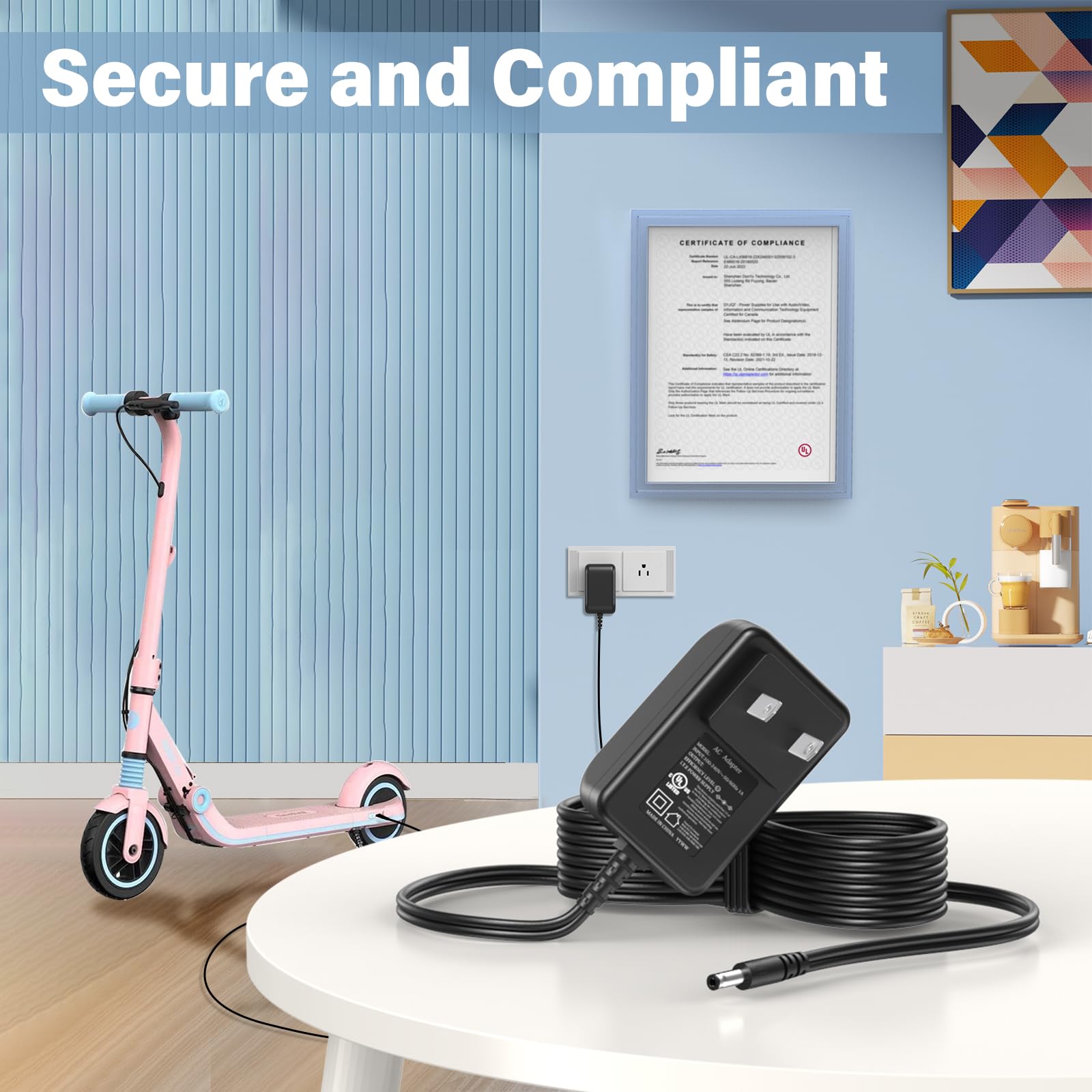 UL Certified Power Cord & Charger Adapter for Segway eKickScooter Zing E12/E10/E8 & Ninebot Kids Electric Scooter - Perfect Replacement for Home & Outdoor Charging
