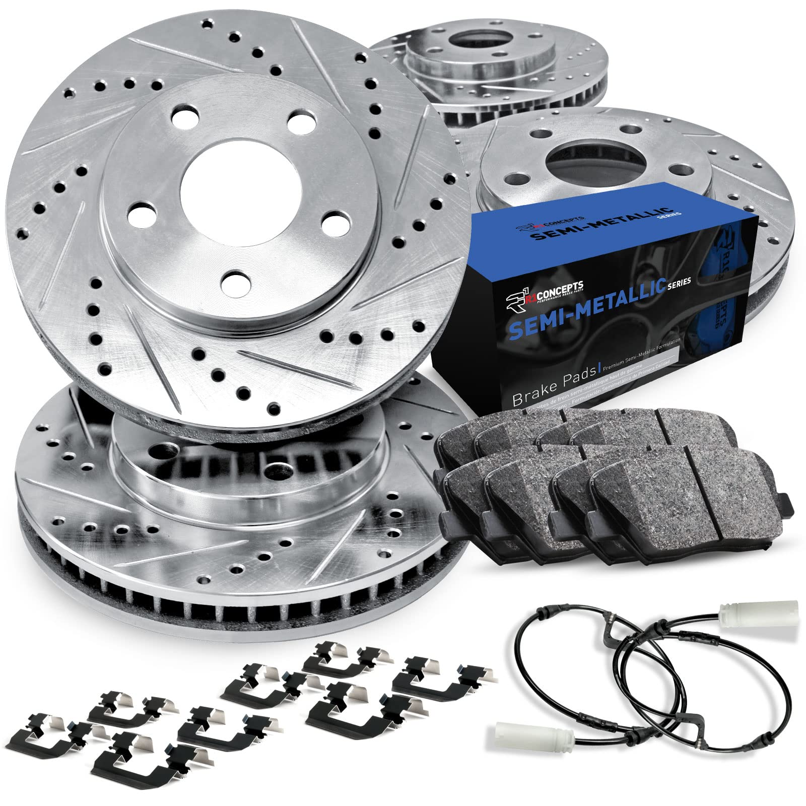 R1 Concepts Premium Front & Rear Brake Kit with OE Spec Pads & Rotors - Complete Brake Pads, Rotors, Hardware & Sensor Kit - Fits 2000 Mercury Cougar - Perfect for Daily Driving & Performance Upgrades