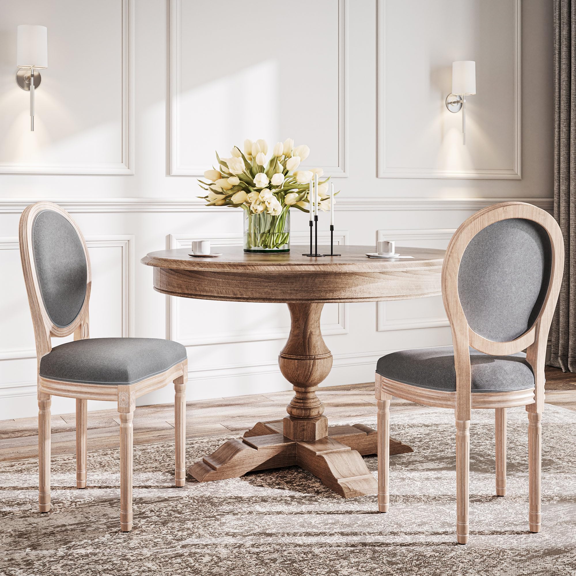 BELLEZE Farmhouse Dining Chairs Set of 2 - Upholstered Kitchen Chairs with Round Back & Solid Wood Legs, Elegant Accent Side Chairs for Dining Room, Living Room, Bedroom (Aubree Grey) | Perfect for Farmhouse Decor, Small Spaces & Cozy Home Dining