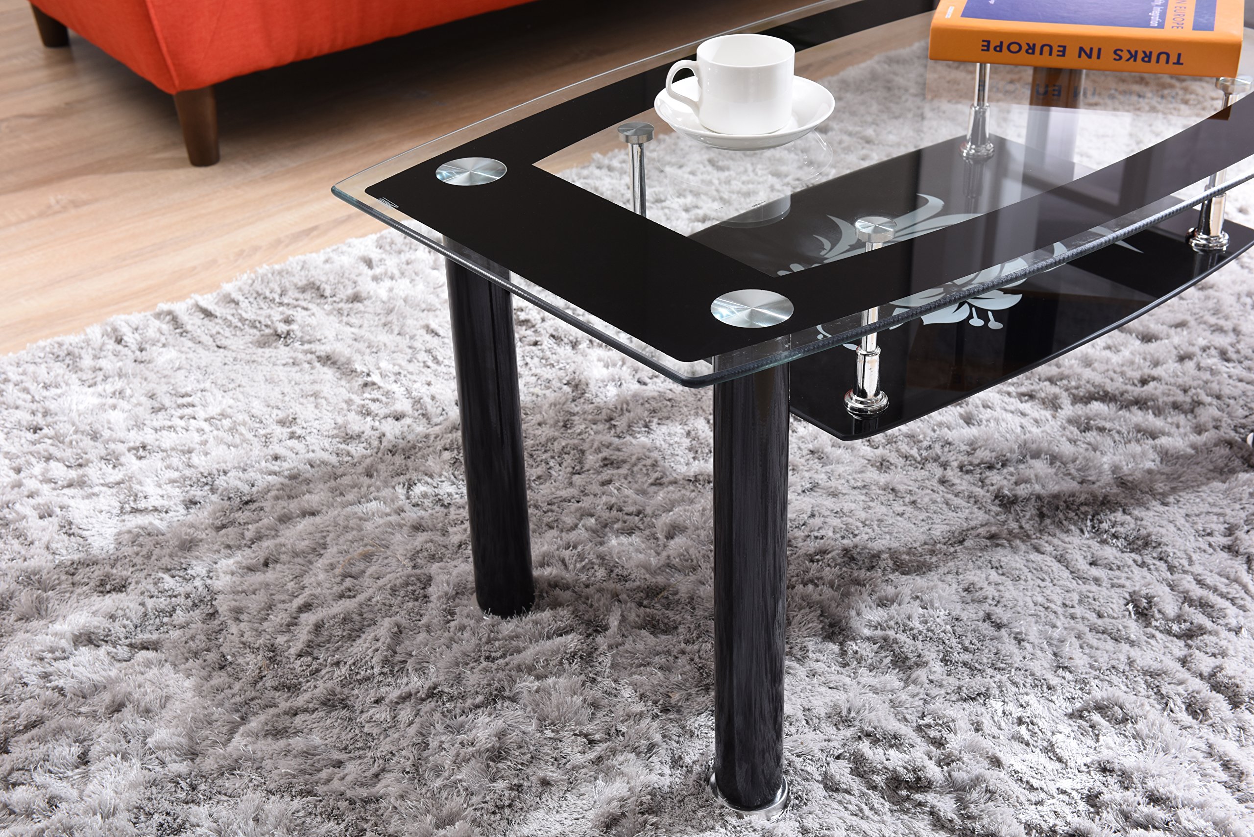 Hodedah 2-Tier Rectangle Tempered Glass Coffee Table - Black | Modern Living Room Furniture for Small Spaces | Perfect for Apartments, Dorms & Home Decor