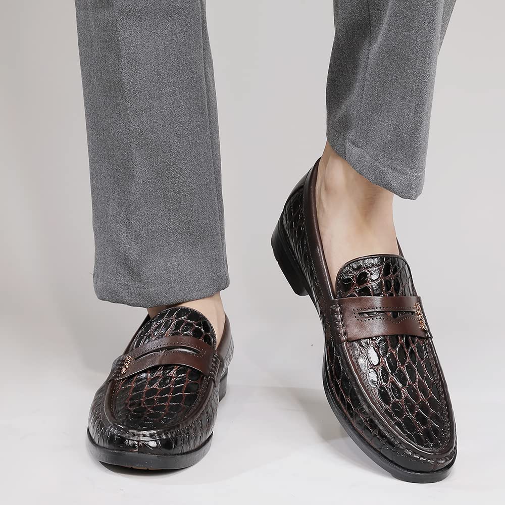 Premium Men's Leather Penny Loafers - Formal Dress Shoes with Crocodile Print - Soft Slip-On Loafers for Business & Casual Wear - Perfect for Office, Weddings & Special Occasions