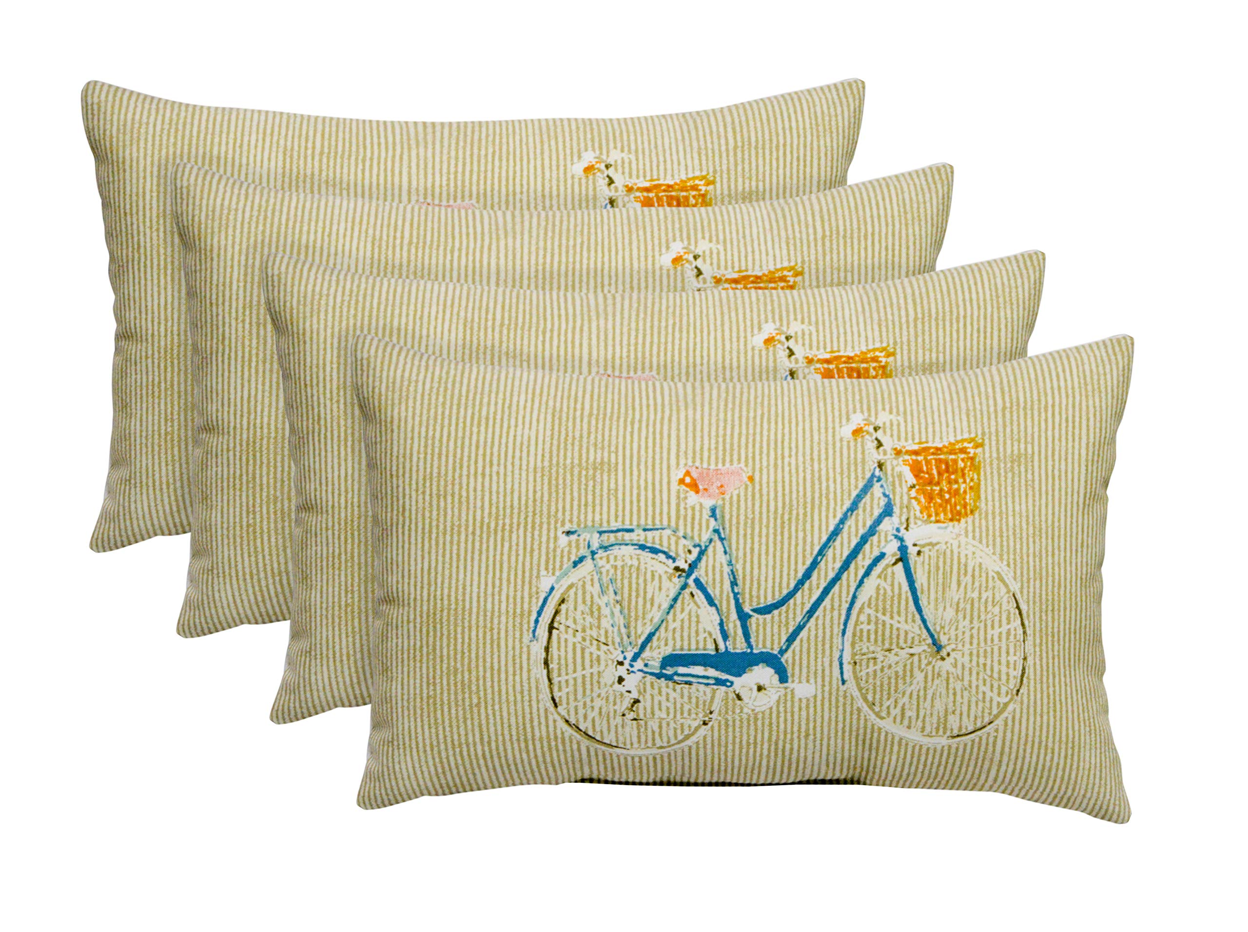RSH Decor Set of 4 Indoor Outdoor Decorative Throw Pillows - Printed Tan & Teal Bicycle Design for Sofa, Bed, Patio Furniture - Water-Resistant & UV Protected