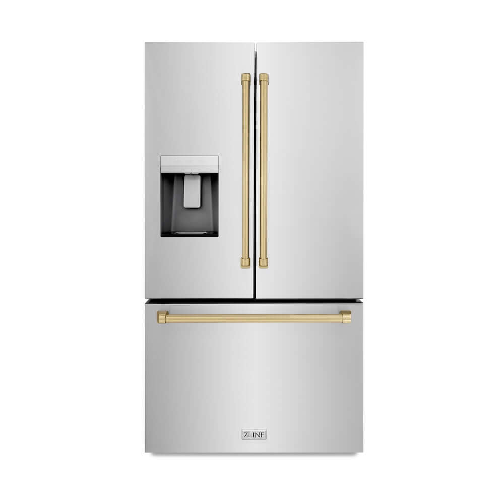 ZLINE Autograph Edition 36 Inch French Door Refrigerator with External Water Dispenser & Dual Ice Maker - 28.9 cu.ft Capacity, Fingerprint Resistant Stainless Steel with Champagne Bronze Handles (RSMZ W 36 CB) - Perfect for Modern Kitchens, Entertaining & Large Family Storage