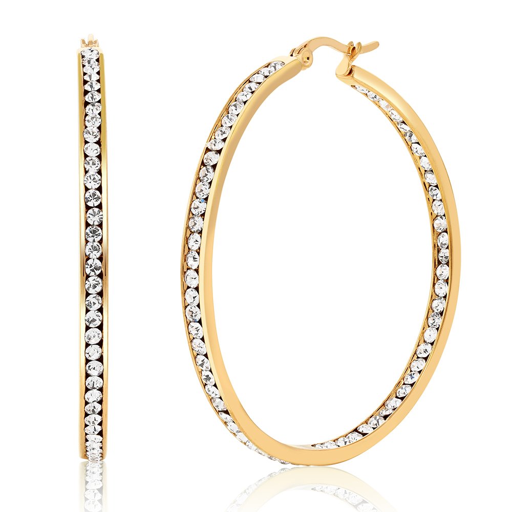 Gem Stone King 2 Inch Stainless Steel CZ Inside-Out Hoop Earrings for Women - High Shine Dangle Earrings for Party, Wedding & Everyday Wear