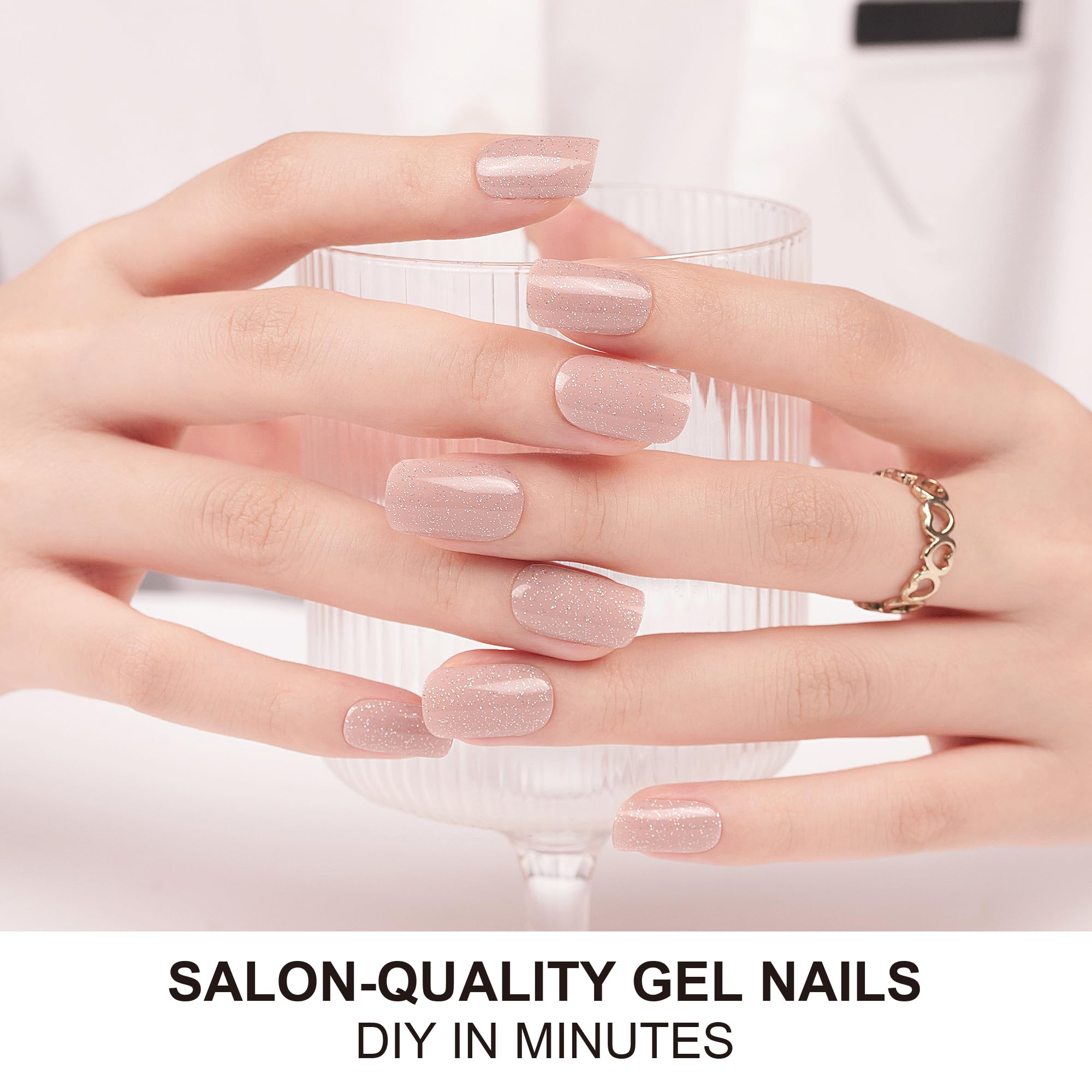 DANNI & TONI Semi Cured Gel Nail Strips - Nude Glitter Gel Nail Stickers (Simply Sand) - 28 Count - DIY Salon-Quality Manicure at Home for Parties, Weddings & Special Occasions