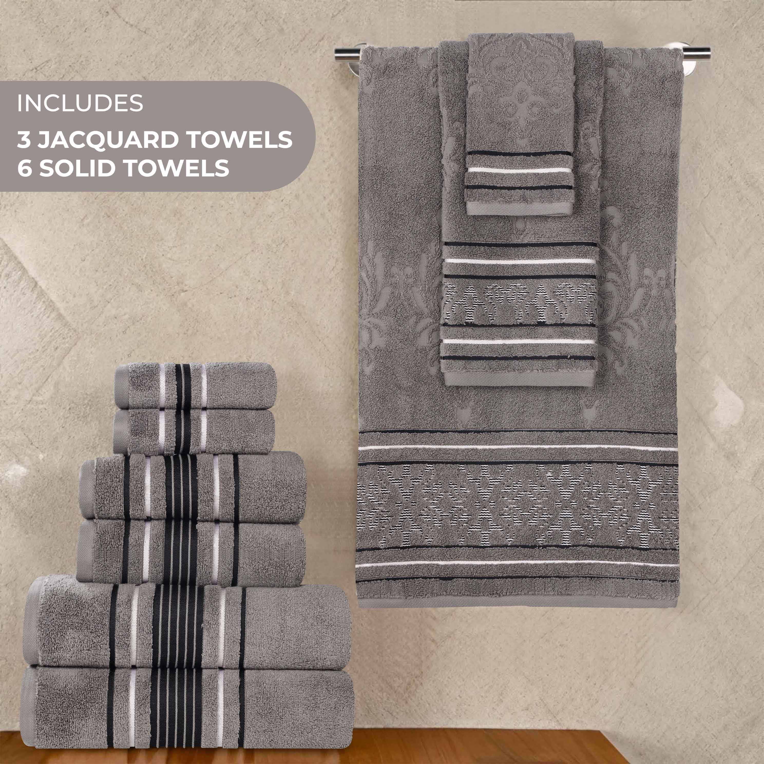 Sadie 9-Piece Zero Twist Cotton Towel Set - Solid & Jacquard Floral Bath Towels, Hand Towels & Washcloths - Soft & Absorbent for Bathroom, Spa & Guest Room