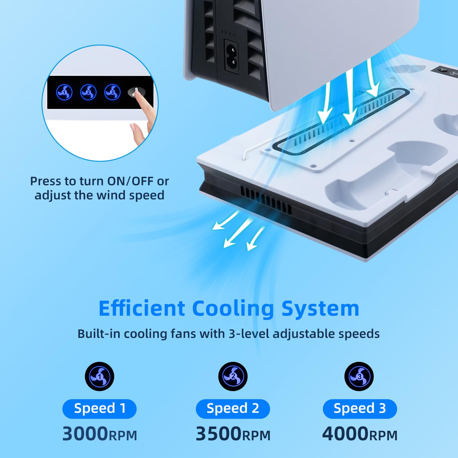 Mcbazel PS5 Cooling & Charging Stand with Adjustable 3-Speed LED Fan, Magnetic Dual Controller Charger - Compatible with PS5, PS5 Slim, PS5 Pro, PlayStation 5 Digital Edition - Perfect for Gaming Setup & Entertainment Center