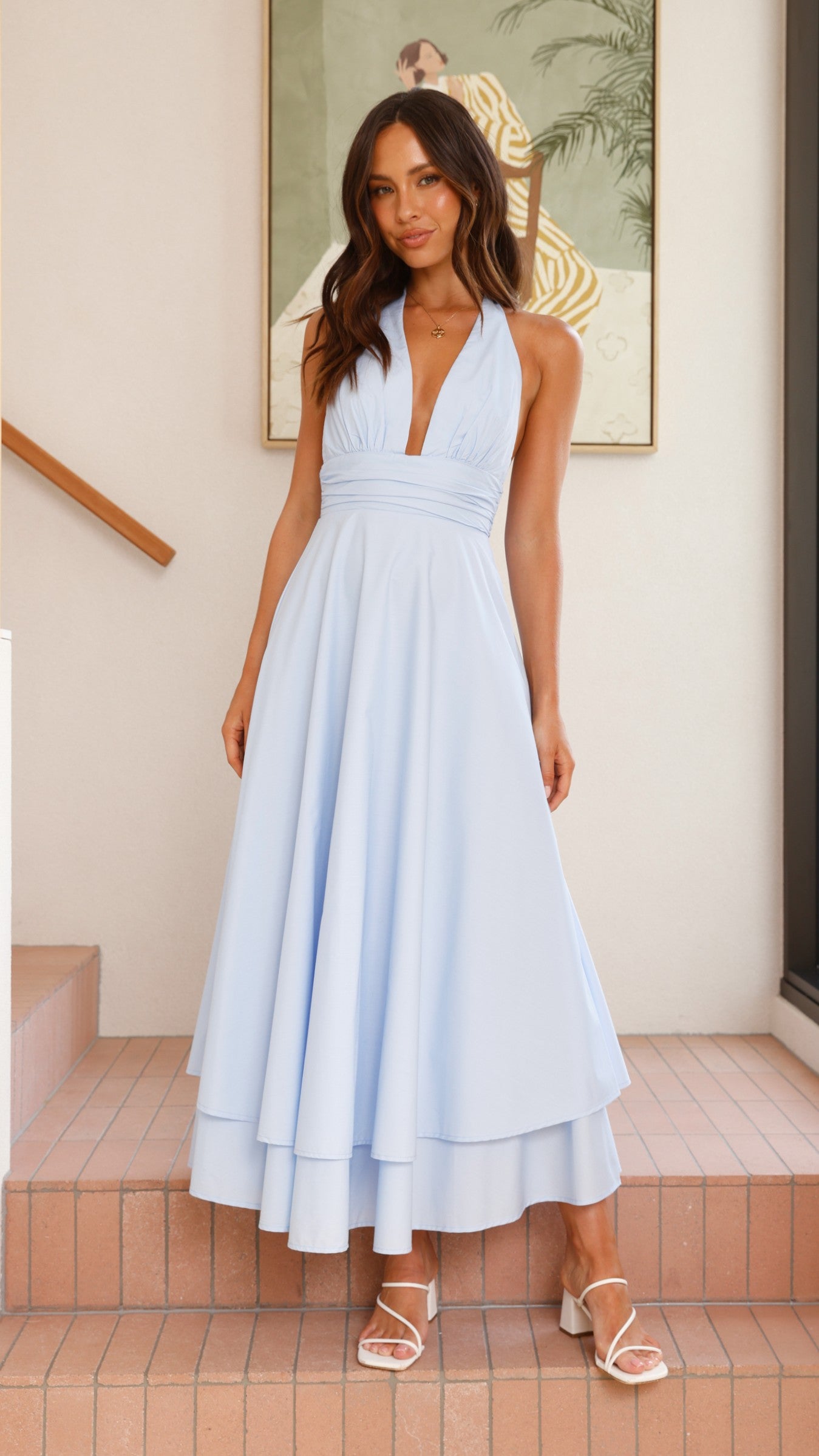 Elegant Kathy Halter Neck Maxi Dress - Light Blue Flowy Summer Dress for Beach, Wedding & Vacation | Women's Fashion