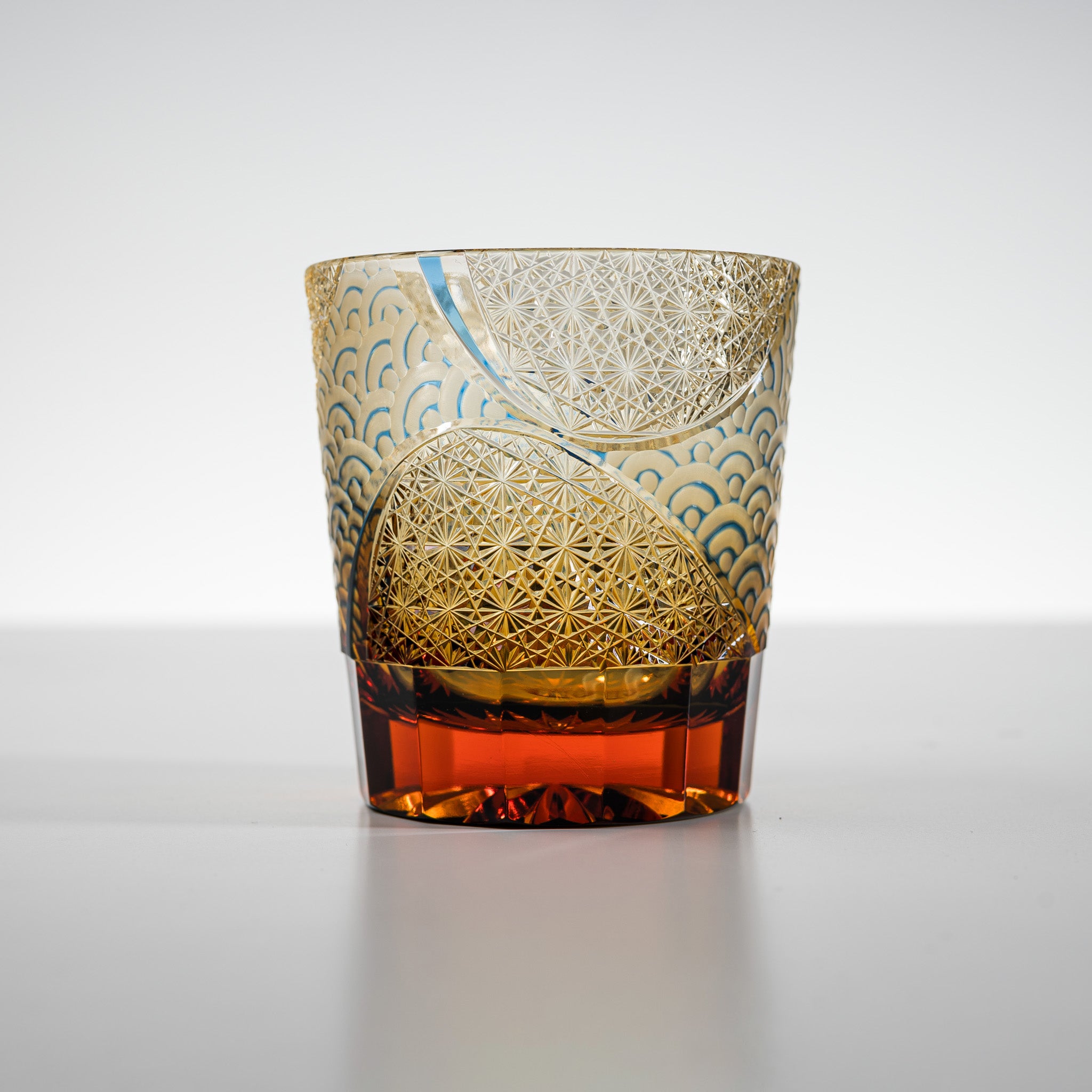 Yamada Crystal Glass Rock Glass - Amber Blue Wave Design - Premium Whiskey Tumbler for Home Bar, Cocktail Party & Gifts