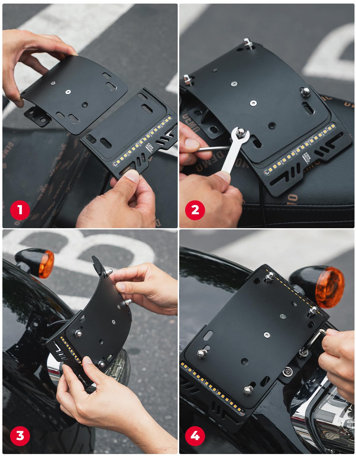 KEMIMOTO Motorcycle Curved Laydown License Plate Bracket with Amber LED Lights - 3 Hole Mount for Harley Softail, Cruiser & Low Rider Models (Black) - Perfect for Night Riding & Custom Bike Builds