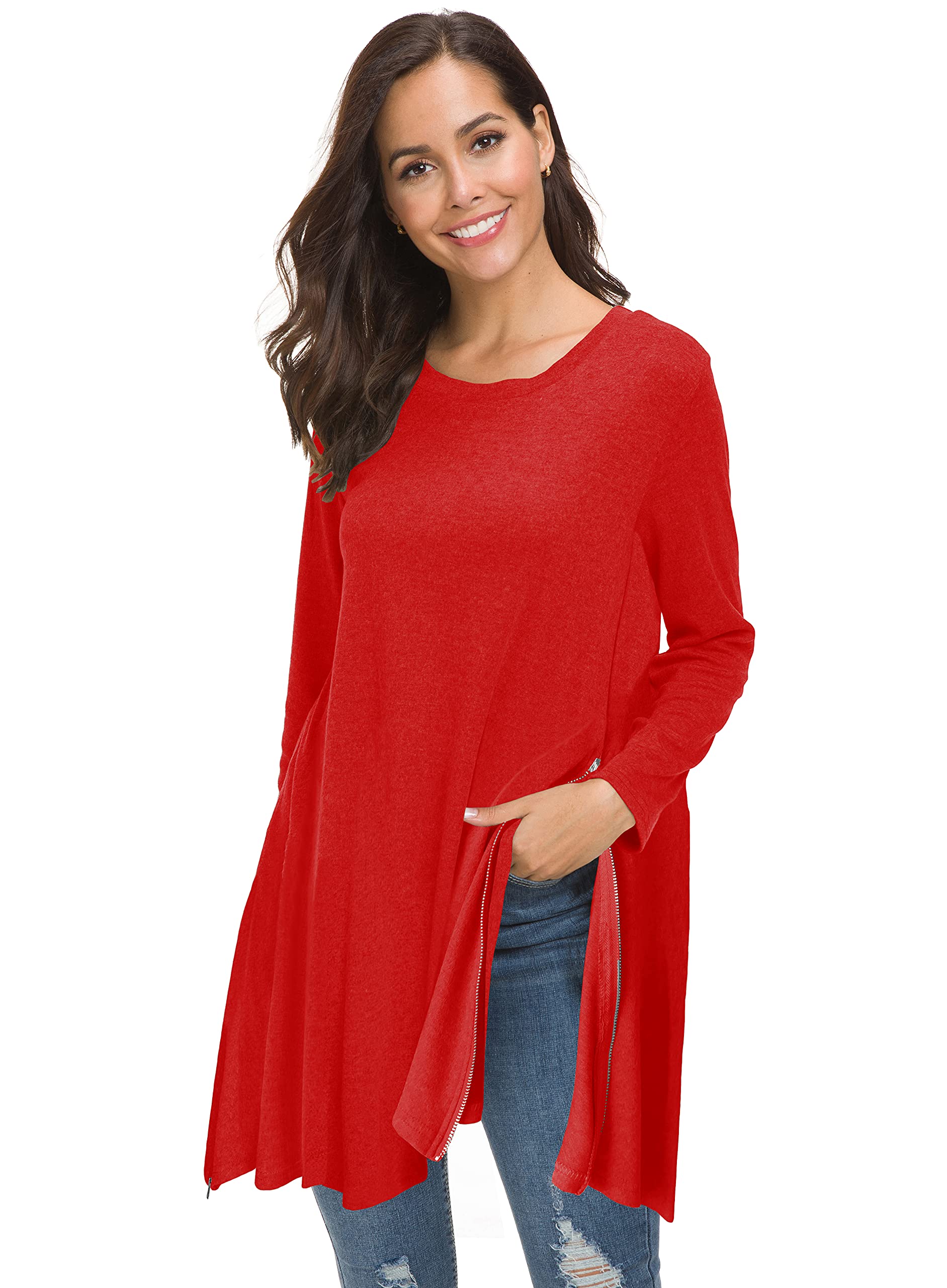 Afibi Women's Long Sleeve Side Split Loose Tunic Tops - Casual Blouse for Leggings | Perfect for Yoga, Workout & Everyday Wear