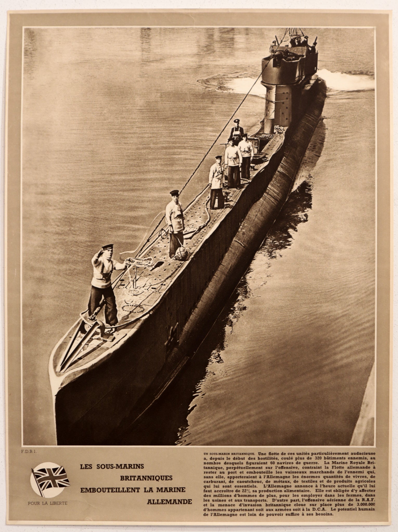 Original 1940-1945 French WWII Victory Poster - British Submarine Art - Vintage War Propaganda for Home Decor & History Collectors