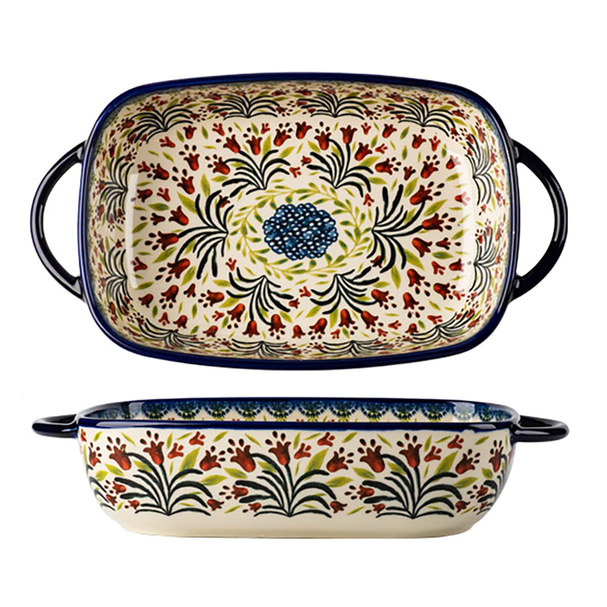 Vintage Tulip Flower Ceramic Casserole Dish - 60oz Oven Safe Baking Pan with Handles for Lasagna, Casseroles & More - Perfect for Family Dinners, Potlucks & Holiday Cooking