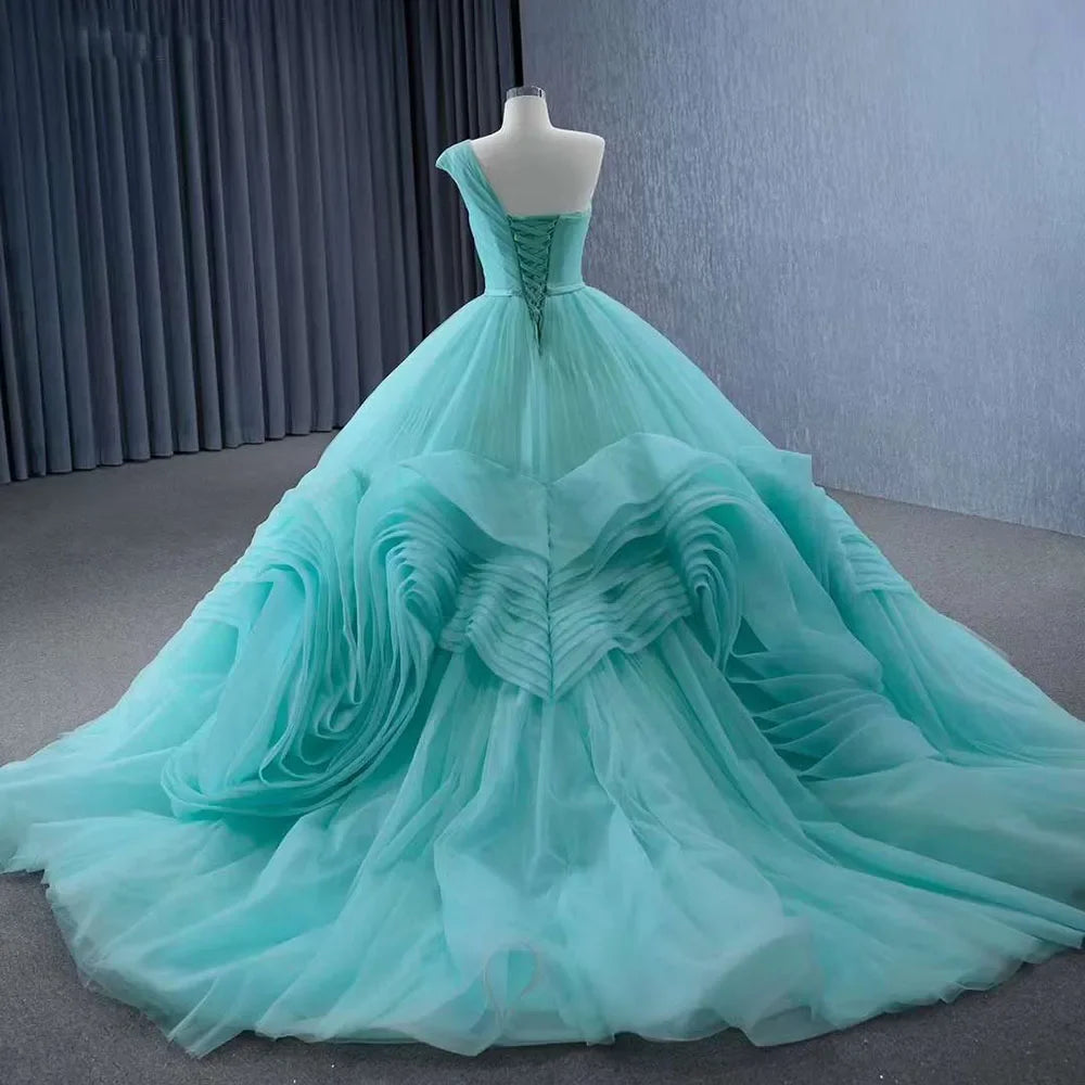 Serene Hill Luxury Custom Light Green One Shoulder Lace-Up Beaded Wedding Ball Gown - Perfect for Bridal Ceremonies, Evening Galas & Formal Events