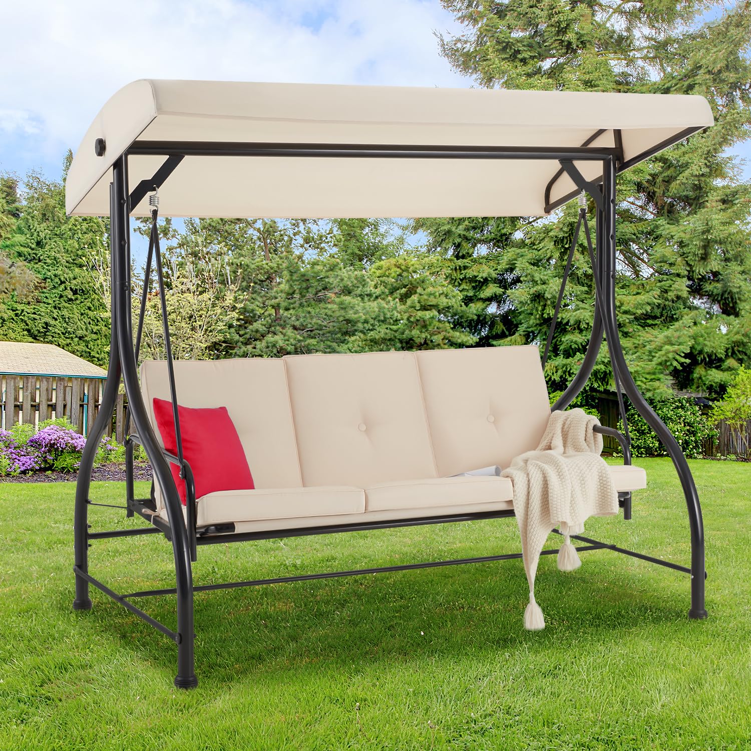 AECOJOY 3-Seat Porch Swing Chair with Adjustable Canopy & Stand - Outdoor Patio Swing Bed with Removable Beige Cushions - Perfect for Backyard, Garden, and Deck Relaxation