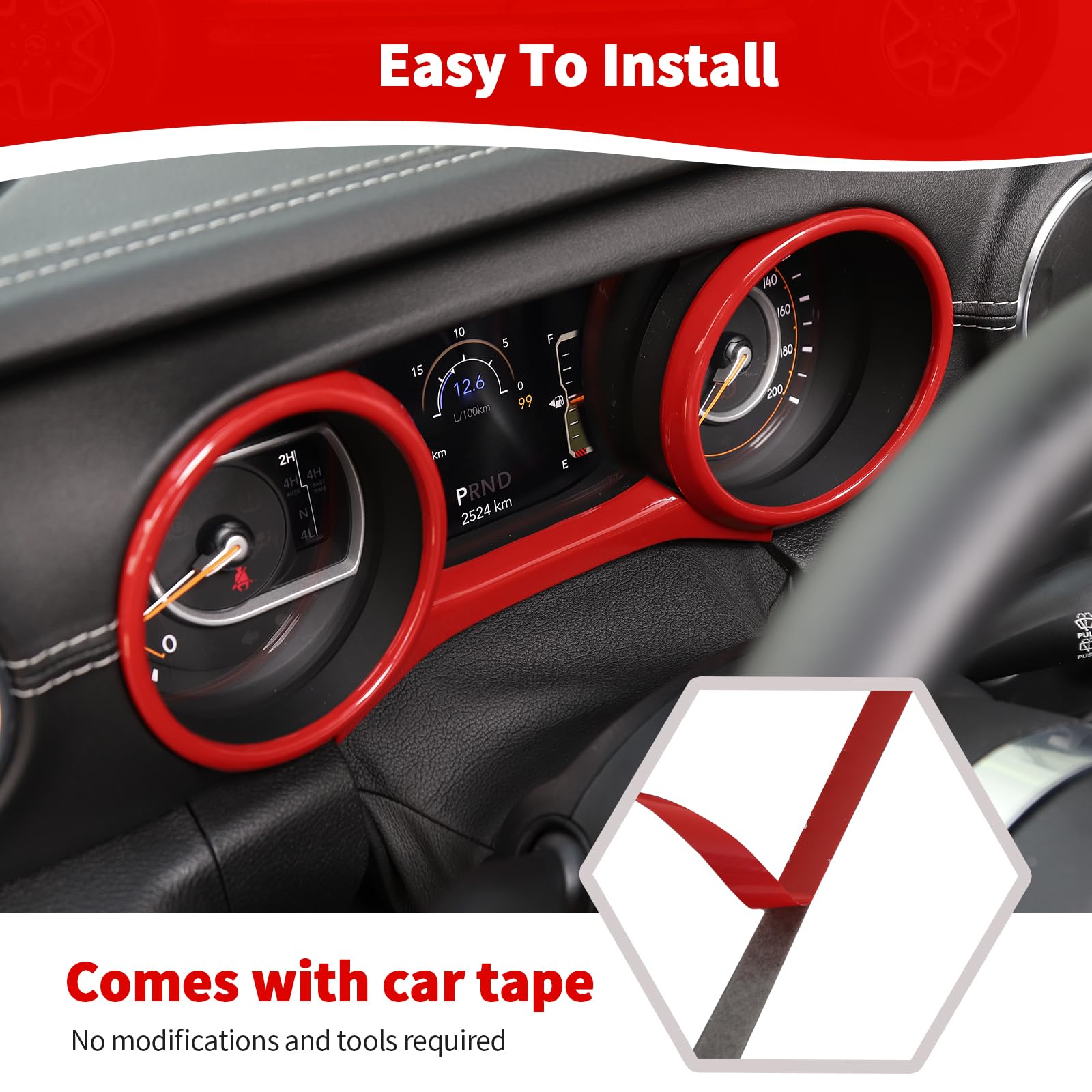 Jeep Wrangler JL JLU & Gladiator JT Dashboard Cluster Panel Gauge Trim Ring Cover (2018-2023) - 3-Piece Red Interior Accessories for Enhanced Style & Protection - Perfect for Off-Roading & Customization