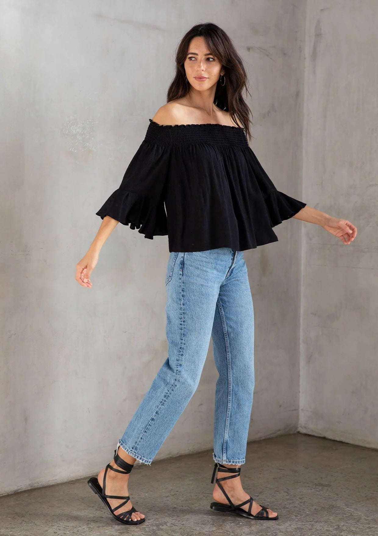 Elegant Black Jacquard Flutter Off-Shoulder Smocked Blouse for Women | Summer Boho Chic Tops | Perfect for Beach Vacations, Date Nights & Outdoor Parties