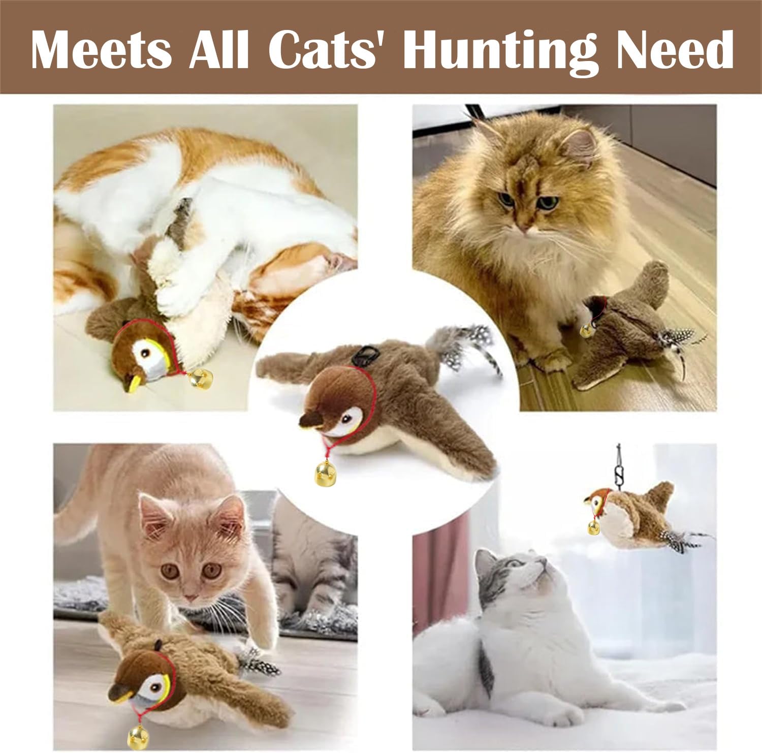 2025 New Interactive Flying Bird Cat Toy with Chirping Sound & Flapping Wings - Best Indoor Cat Toy for Bored Adult Cats - Brown - Perfect for Playtime & Exercise