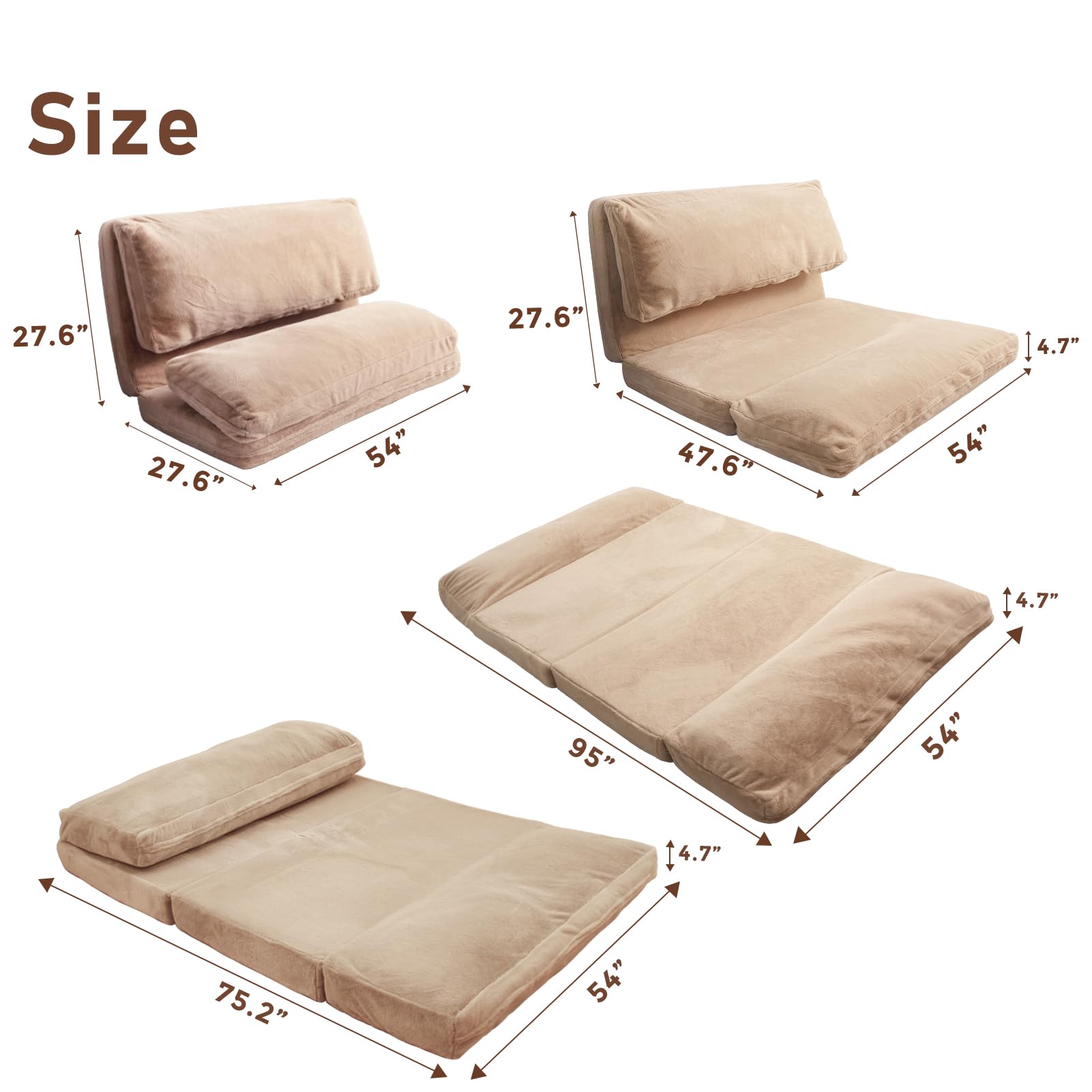 MAXYOYO Extra Thick 54x95 Inch Bean Bag Bed - Convertible Folding Sofa Bed & Floor Mattress for Adults with Washable Faux Fur Cover - Versatile Floor Couch for Bedroom, Living Room, Dorm (Brown) | Perfect for Lounging, Movie Nights & Guest Sleeping