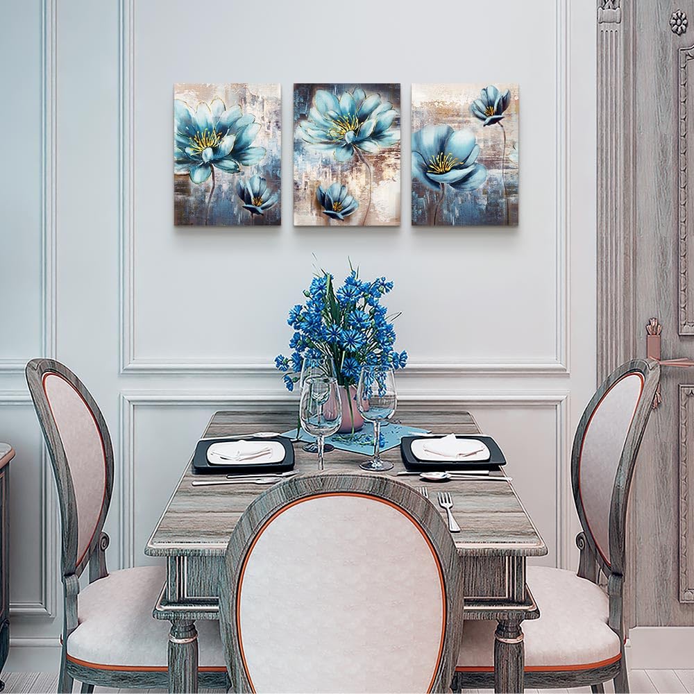 Lapremoly Abstract Blue Flowers Canvas Wall Art Set - 12x16 Inch 3-Piece Modern Wall Decor for Living Room, Bedroom, Office & Kitchen | Perfect for Home Decor, Housewarming Gifts & Interior Design