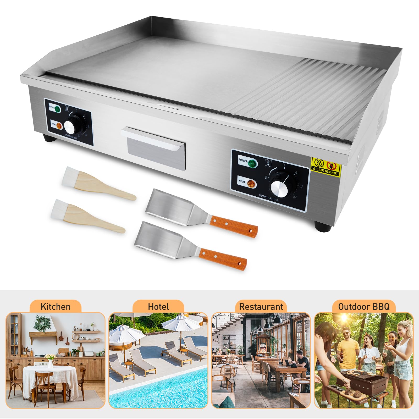 **GARVEE 29 Inch Commercial Electric Griddle with Fluted Surface – 3000W Flat Top Grill for Restaurant, Kitchen & Outdoor BBQ – Non-Stick Stainless Steel Teppanyaki Griddle (110V, No Plug Included) – Perfect for Pancakes, Burgers & Stir-Fry**