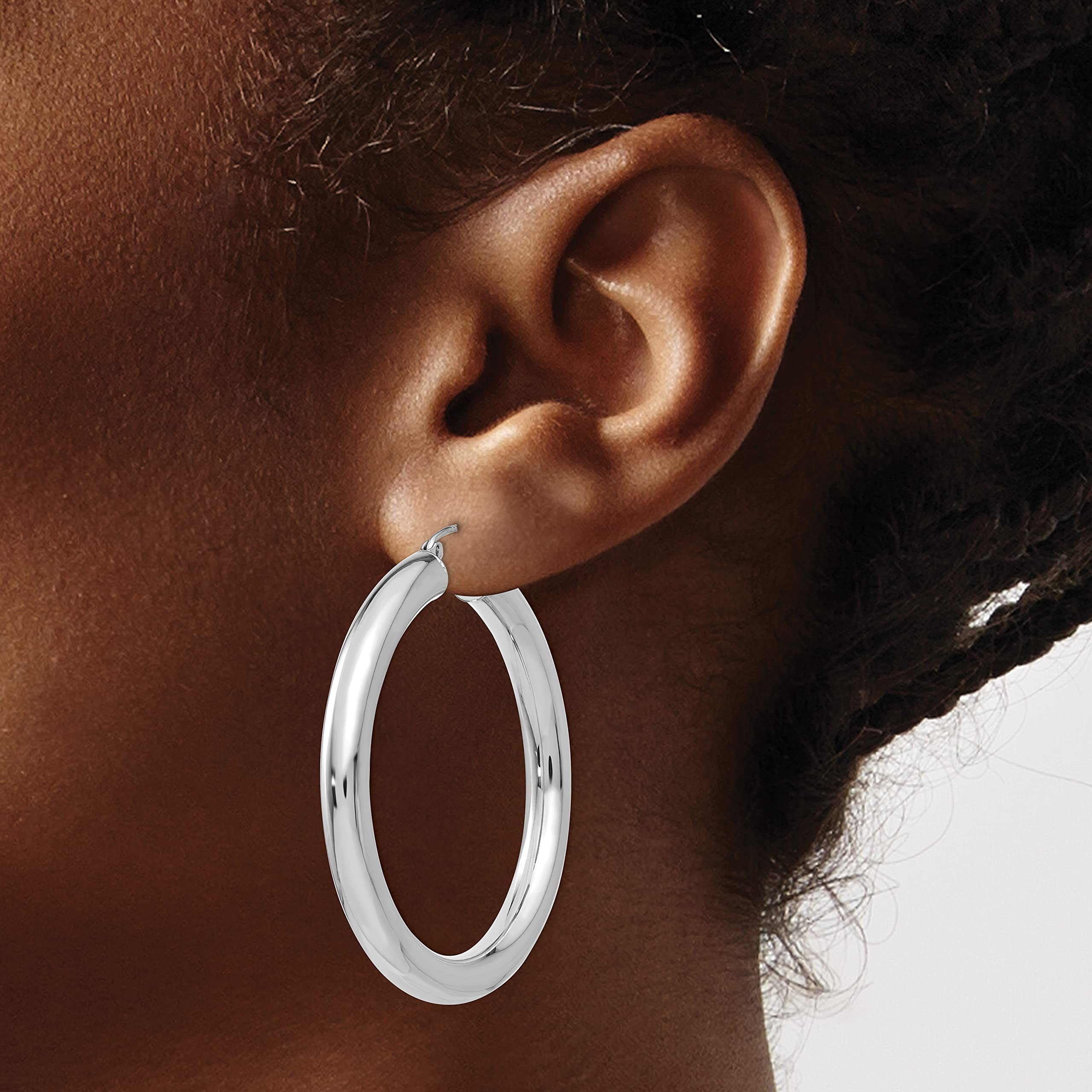 14K White Gold Lightweight Hoop Earrings for Women - 5mm Width, 45mm Diameter - Elegant Everyday Jewelry for Work, Party & Special Occasions