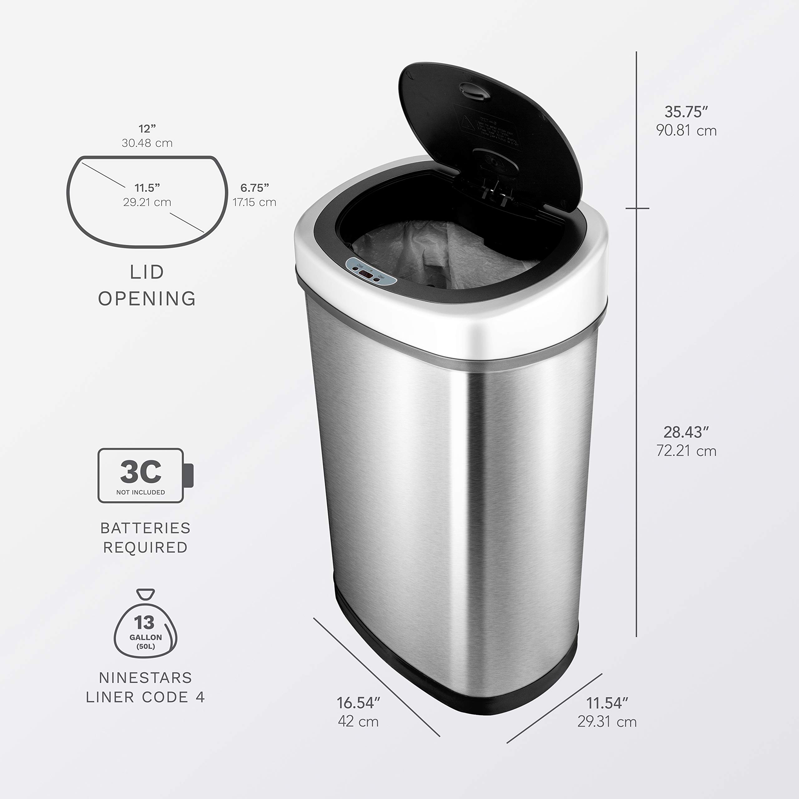 NINESTARS Automatic Touchless Infrared Motion Sensor Trash Can Combo Set - 13 Gal (50L) & 3 Gal (12L) Stainless Steel Base, Oval Design with Silver/Black Lid - Perfect for Kitchen, Bathroom, Office & Home Use