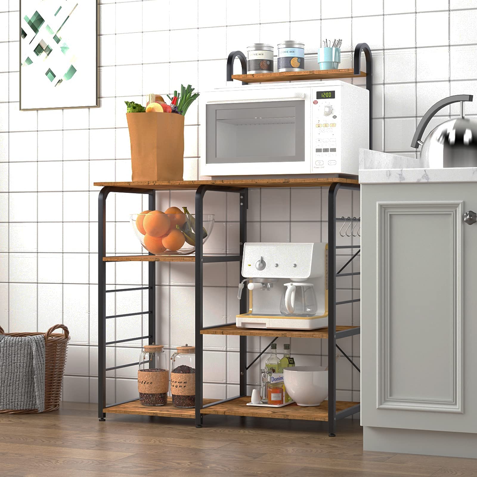 SOGES Microwave Cart Stand with Storage Shelves - Multi-Functional Kitchen Baker's Rack Utility Cart, Workstation Shelf for Baking, Spice Rack Organizer - Perfect for Small Kitchen, Apartment, Dorm (Brown)