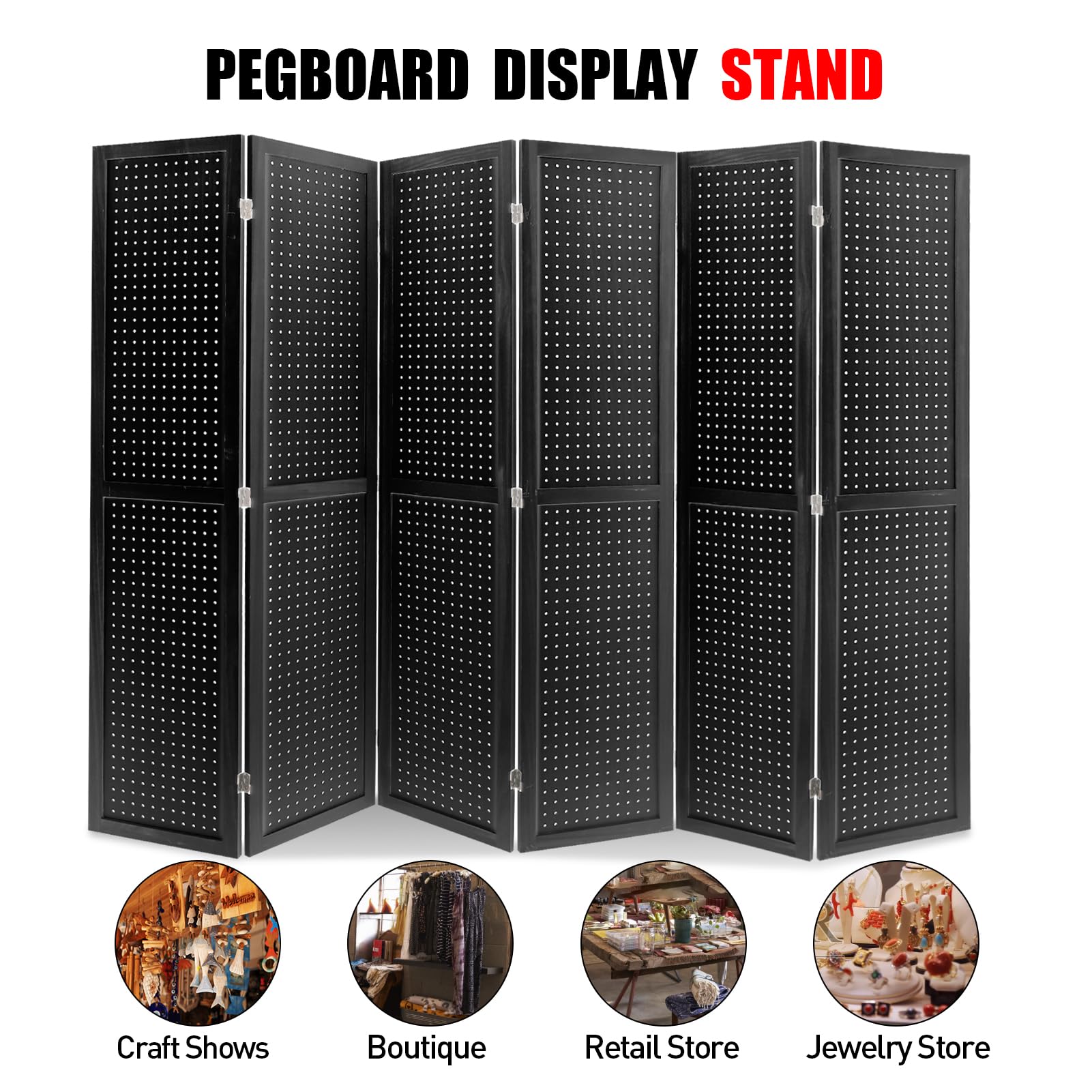 Babion 6 Panel Pegboard Display Stand - Freestanding Folding Room Divider & Privacy Screen for Craft Shows, Trade Shows & Retail Displays - Black Peg Board Organizer for DIY Projects & Home Office Use