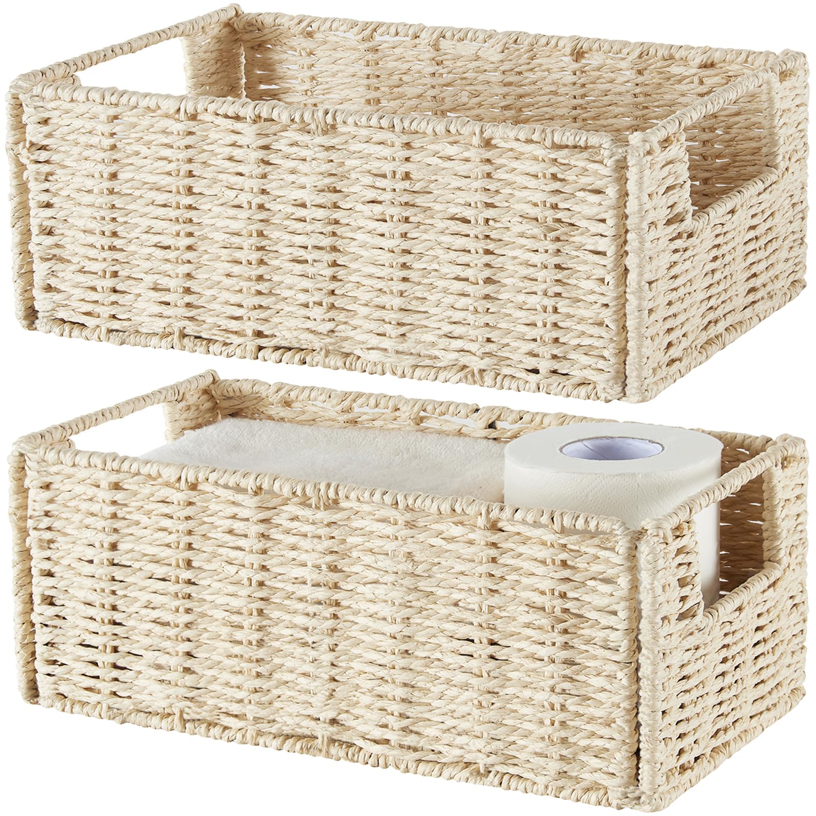Vagusicc Wicker Storage Basket Set of 2 - Handwoven Paper Rope Organizing Bins for Bathroom, Living Room & Bedroom - Foldable Cube Shelves Storage for Toilet Paper, Blankets & Toys (Beige) | Home Organization & Decorative Storage Solutions