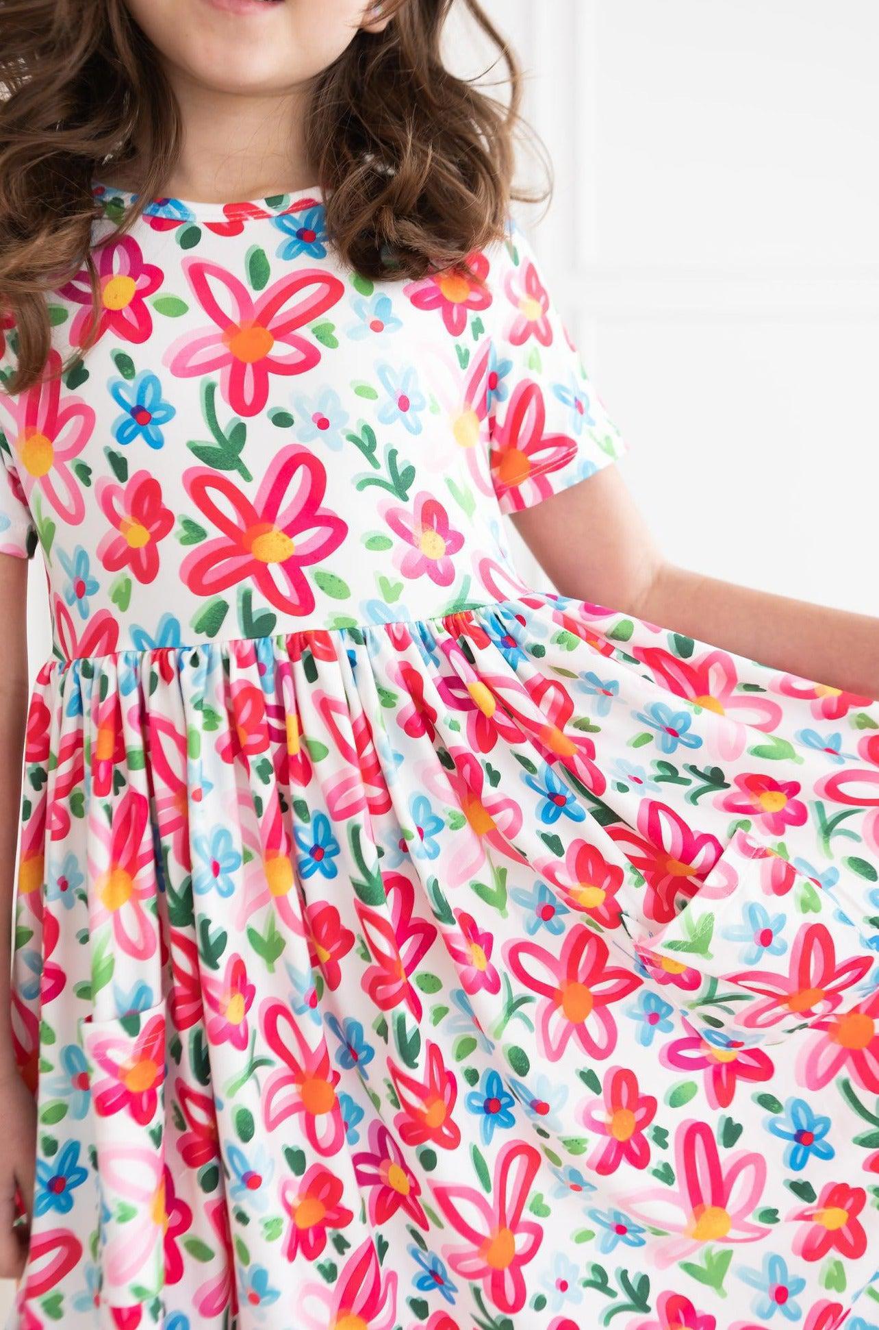 Neon Floral Short Sleeve Pocket Twirl Dress for Women - Perfect for Summer Parties, Beach Vacations & Casual Outings