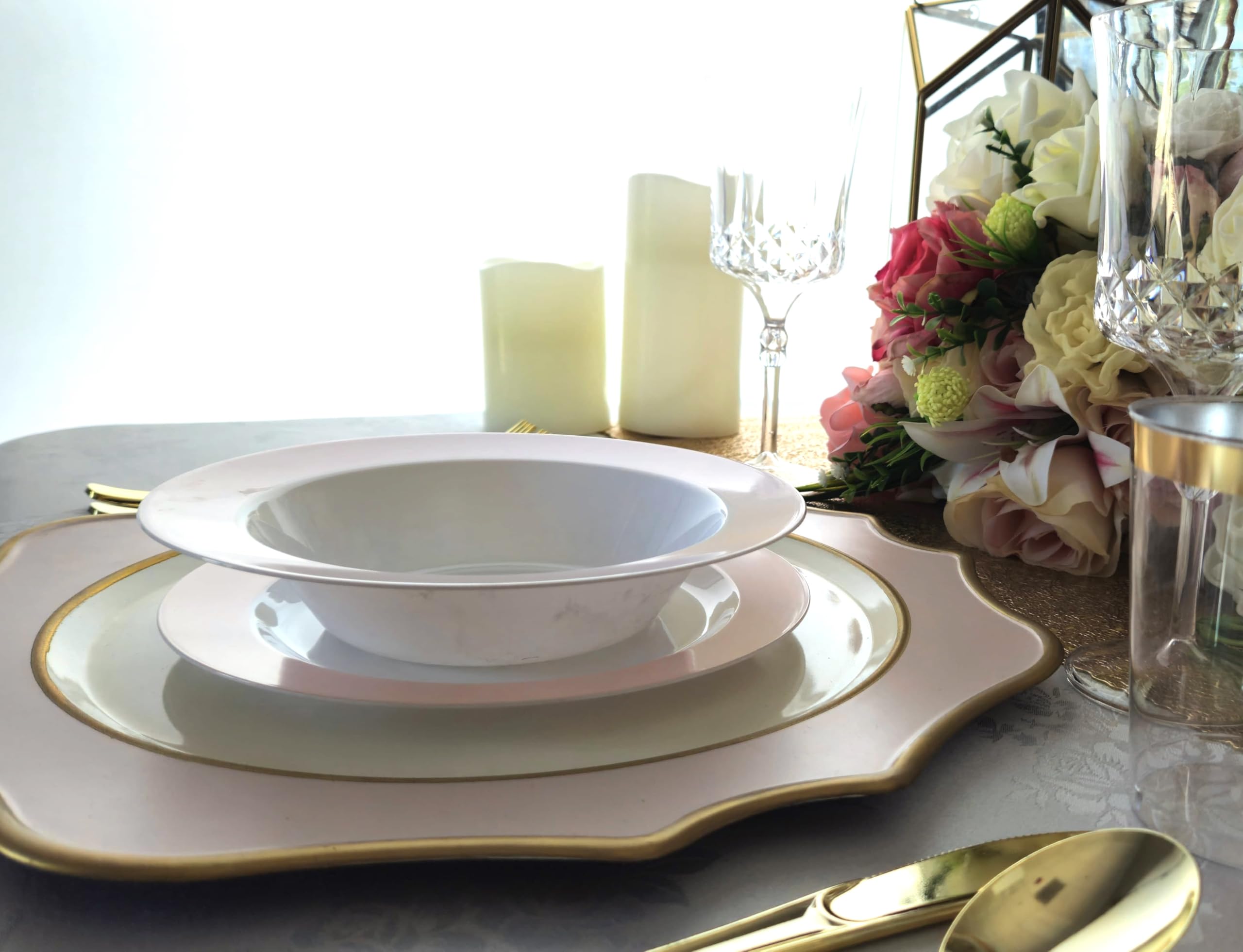 40-Piece Disposable Plastic Plates & Bowls Set - 12 oz Soup Bowls for Wedding, Party, Baby Shower (White & Pearled Pink Blush) | Elegant Tableware for Catering, Picnics & Special Events