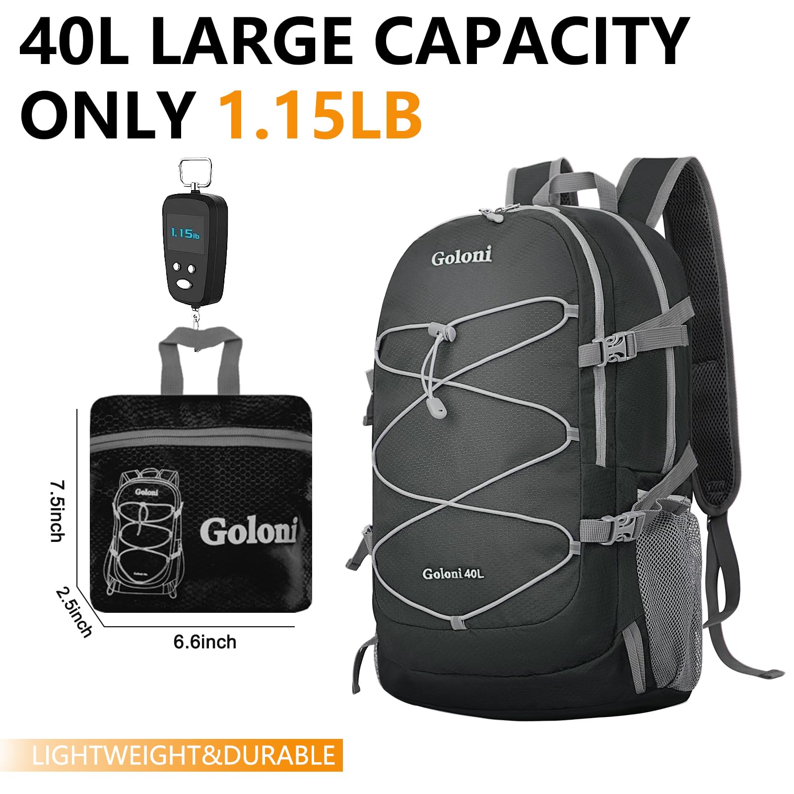 Goloni Ultra Lightweight Packable Backpack 40L - Water Resistant Foldable Hiking Daypack for Travel, Camping & Outdoor Adventures (Black)
