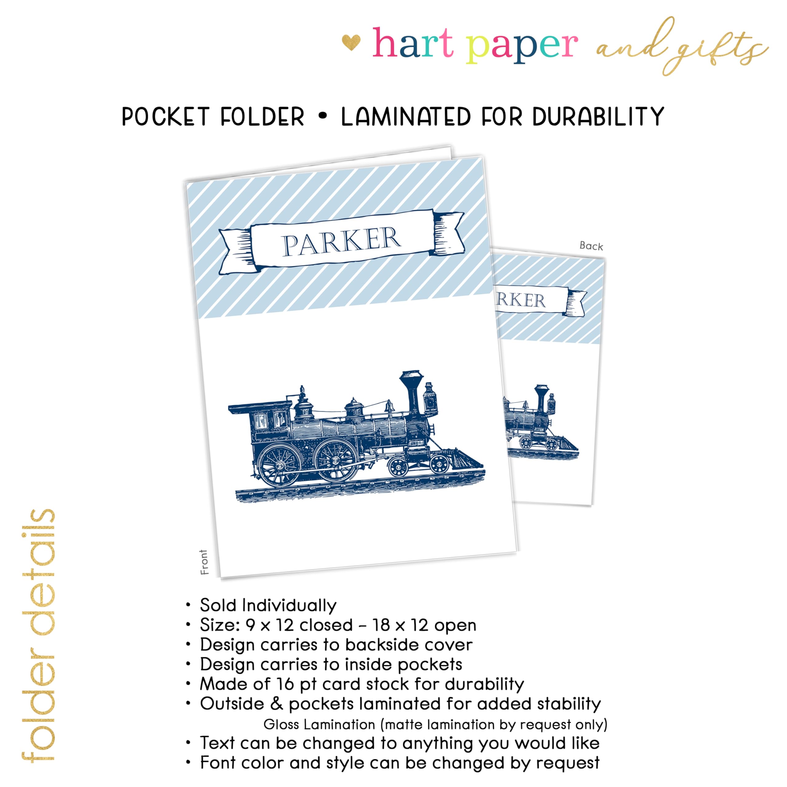 Custom Personalized Train Pocket Folder - Back to School Supplies for Teachers, Students, Kids & Adults - Great for School, Office, Birthday Gifts & Organization