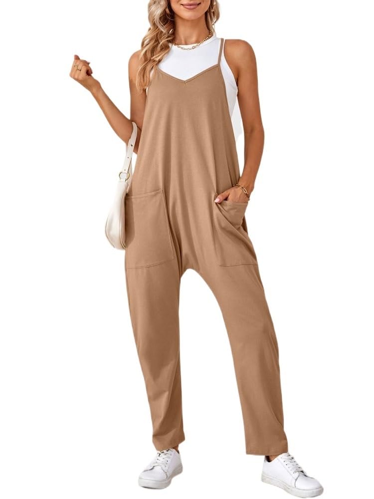 Women's Summer Long Jumpsuit - Black Romper Overalls with Oatmeal Color Option (Size Small) | Casual Outfit for Beach, Travel & Everyday Wear
