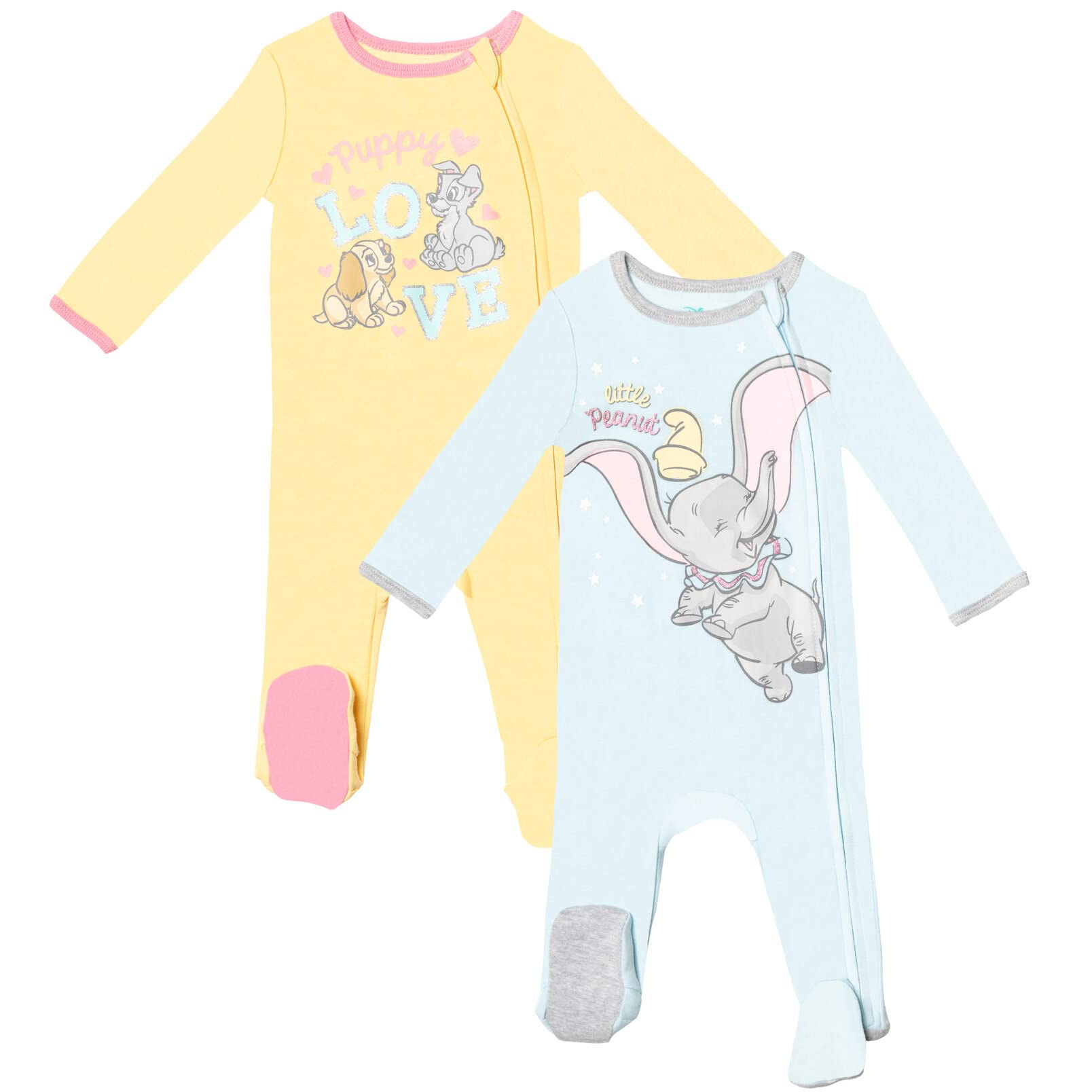 Disney Dumbo & Minnie Mouse Baby Girls 2-Pack Zip-Up Sleep 'n Play Coveralls - Newborn to Infant Size | Soft Cotton PJs for Disney Princess Fans | Perfect for Bedtime & Nursery Outfits