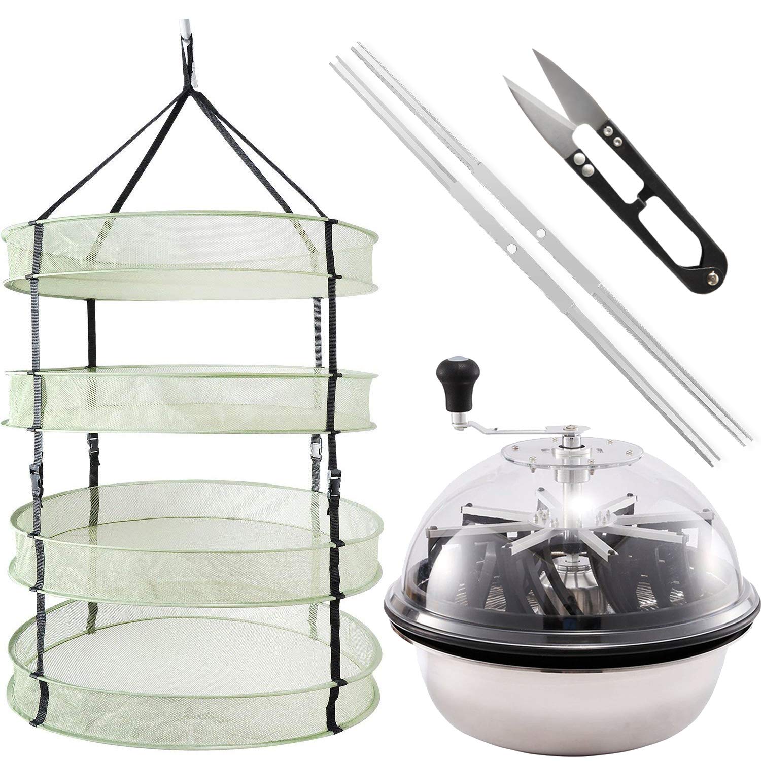 iPower 16-Inch Leaf Bowl Trimmer with Twisted Spin Cut for Plant Buds & 2ft Diameter 4-Layer Clip-On Hanging Herb Drying Rack Net - Perfect for Home Gardening, Hydroponics, and Cannabis Harvesting