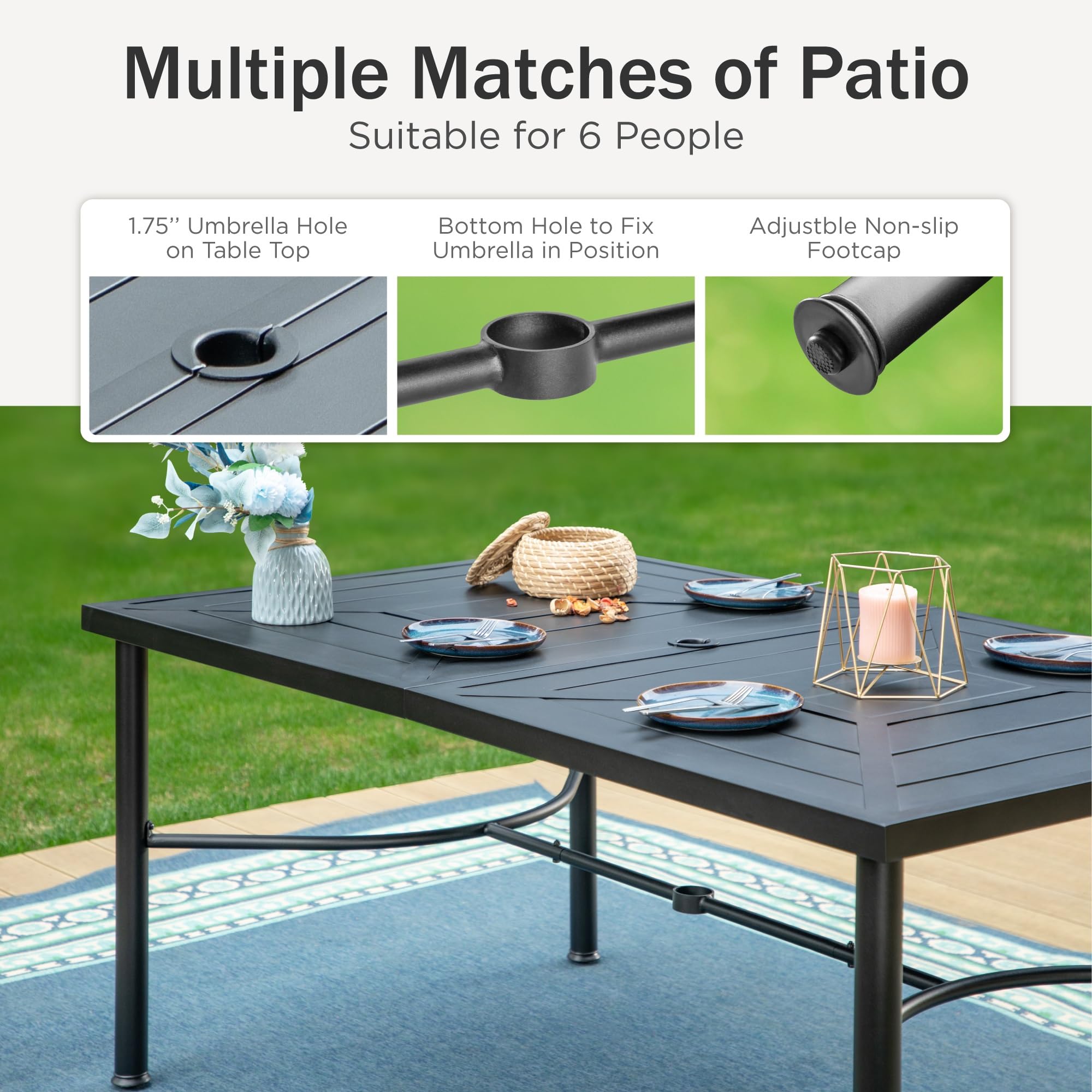 PHI VILLA 7-Piece Outdoor Dining Set - Metal Rectangle Table & 6 Stackable Bistro Chairs for Patio, Backyard, Garden - Perfect for BBQs, Poolside Gatherings & Outdoor Entertaining
