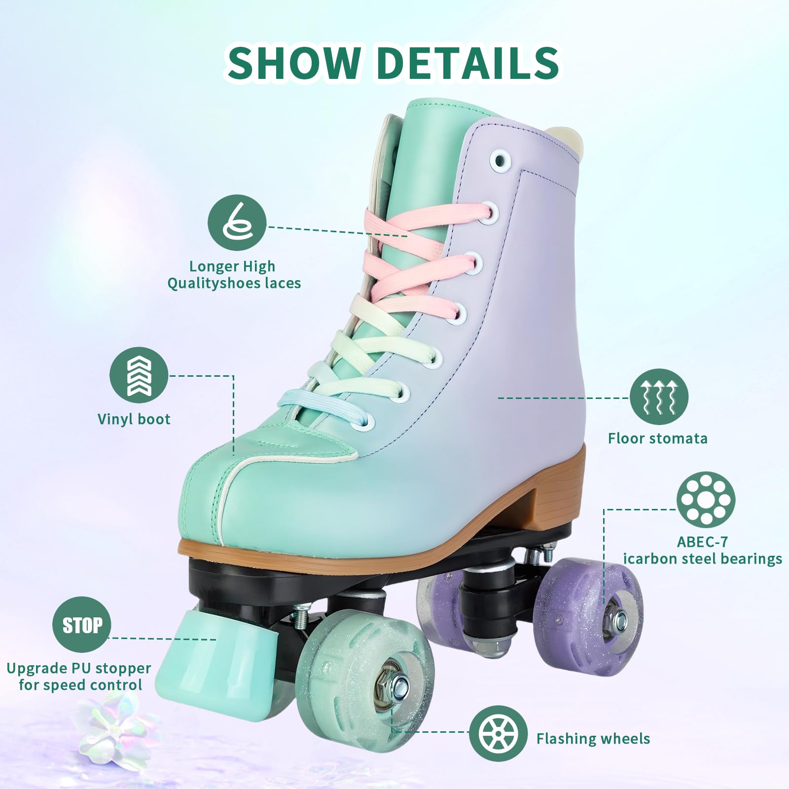 PU Leather Gradient Green & Purple Roller Skates with LED Flash Wheels for Girls & Women - Indoor & Outdoor Skates for Youth Beginners Ages 8-12 - Perfect for Rink, Park, Street Skating & Birthday Gifts