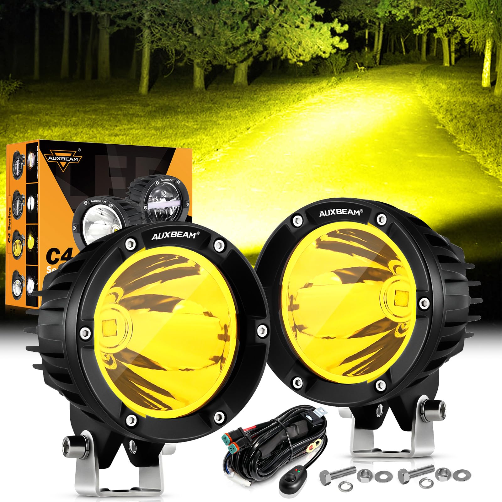 Auxbeam 4Inch 72W Amber LED Fog Lights - 2PCS 7200LM Round Offroad Light Pods with Wiring Harness Kit - Super Bright Yellow Spot Beam for Jeep, Wrangler, SUV, ATV, UTV - Perfect for Offroading, Night Driving & Foggy Conditions