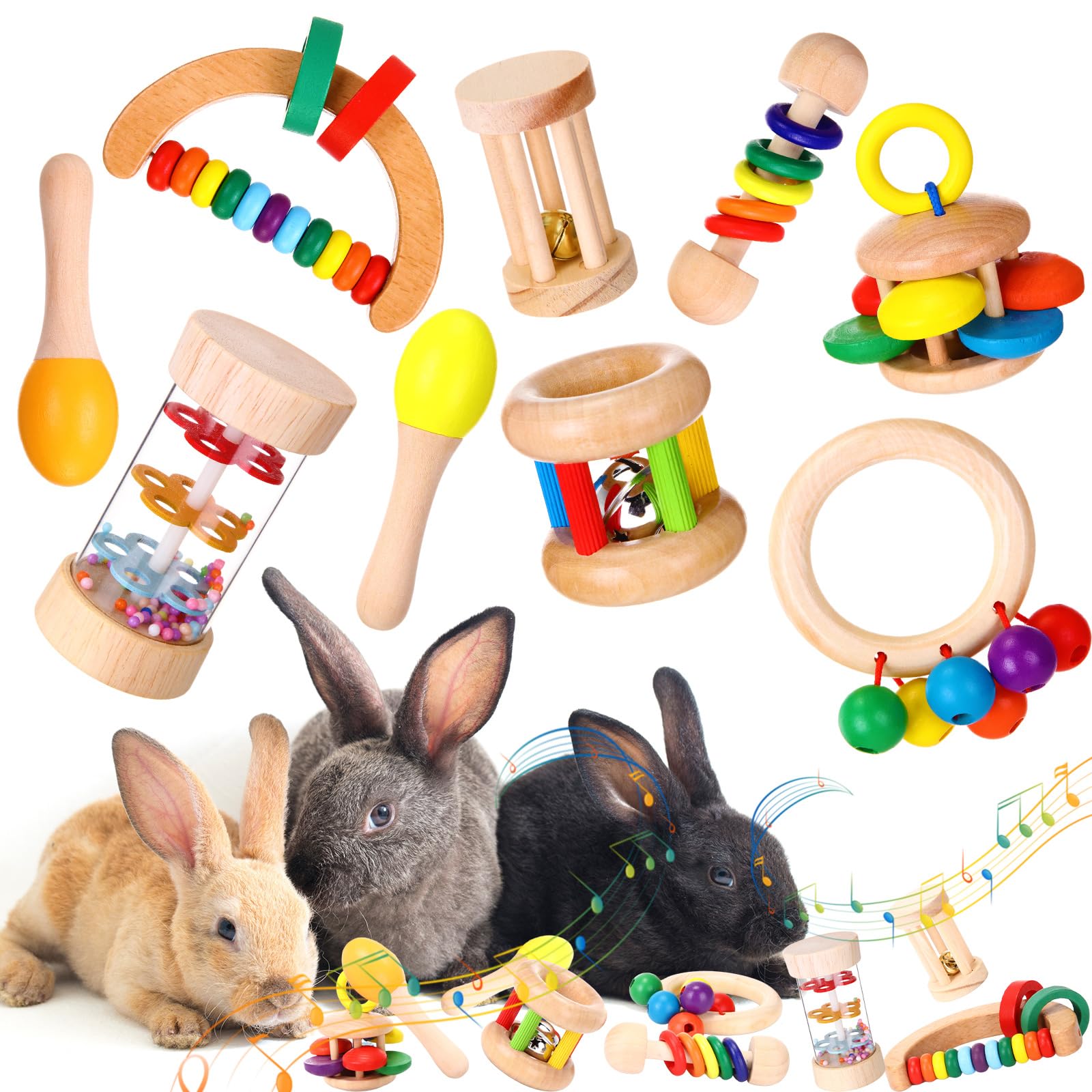 9 Pcs Natural Wooden Rabbit Chew Toys for Bunnies - Safe Small Animal Toys for Guinea Pigs, Chinchillas & Hamsters - Teeth Grinding & Boredom Relief - Perfect for Indoor Playtime & Cage Enrichment