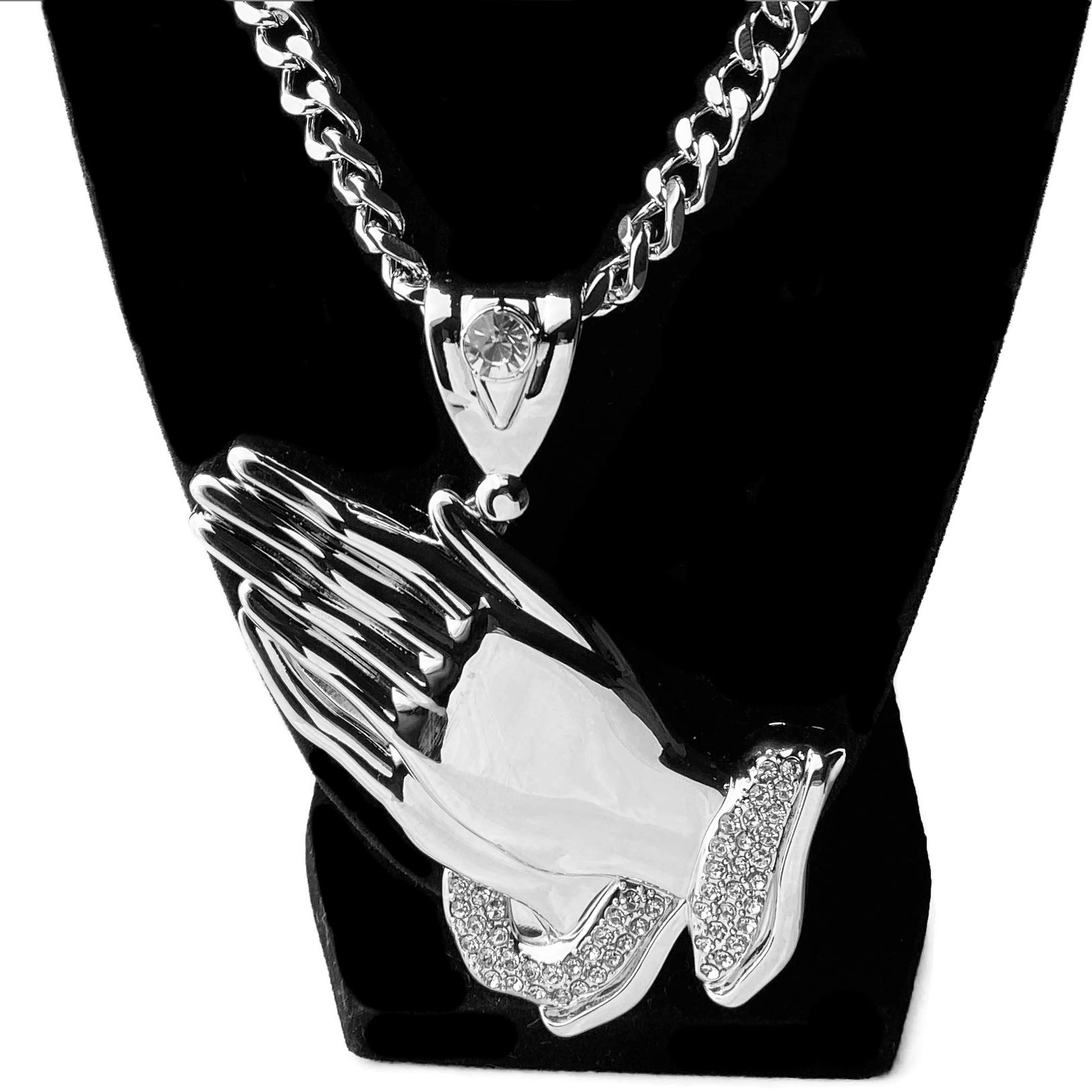 Bling Cartel Large Silver Tone Praying Hands Pendant Necklace - 30