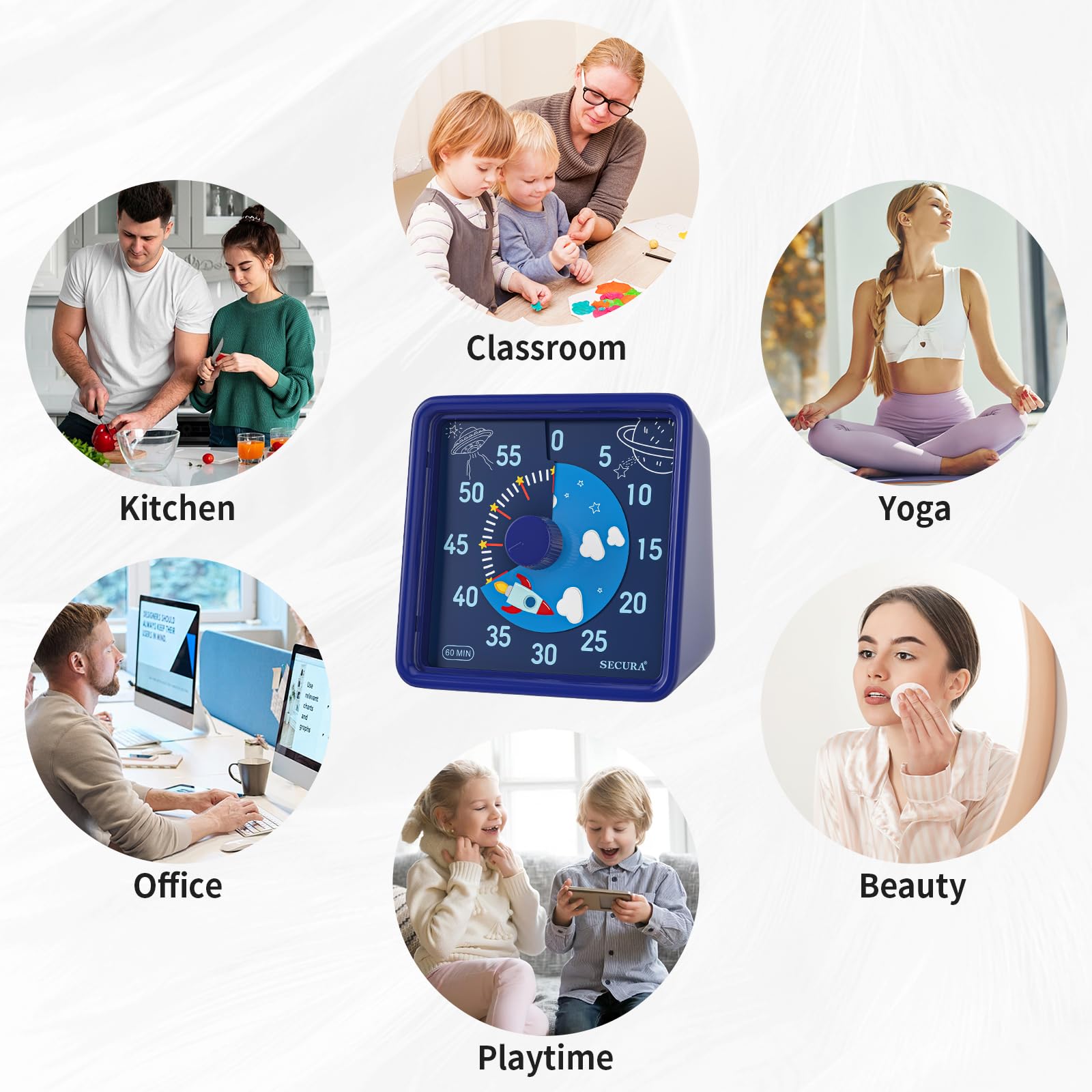 Secura 60-Minute Visual Timer for Kids & Adults - Silent Countdown Clock for Classroom, Office, Kitchen - Time Management Tool for Homework, Cooking, Meetings (Navy Blue) | Perfect for Teachers, Parents & Professionals