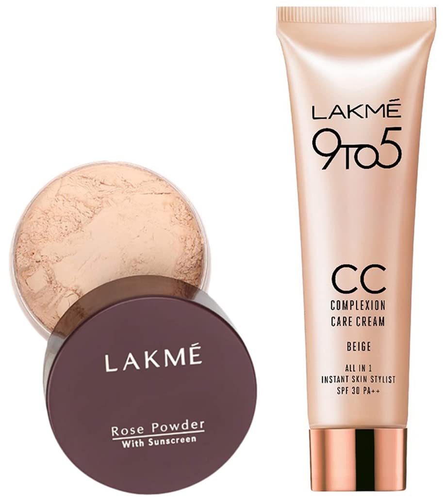 LAKMÉ Rose Loose Face Powder with SPF Sunscreen - Matte Finish, Soft Pink, 40g | 9 to 5 CC Cream Mini in 01 Beige, 9g | For All Skin Types | Perfect for Daily Makeup & Sun Protection