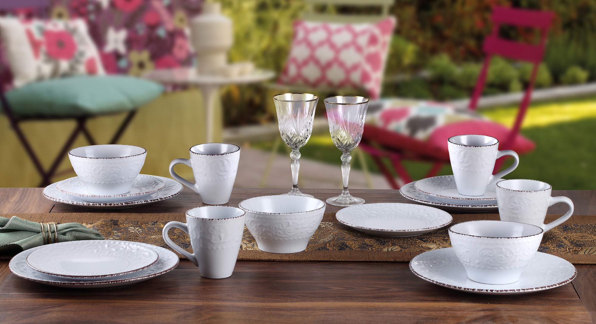 Elegant Modern Stoneware Scroll Dinnerware Set - 16-Piece White Dinner Plates, Bowls & Mugs for Parties, Events & Home Decor | Perfect for Wedding, Holiday & Formal Dining