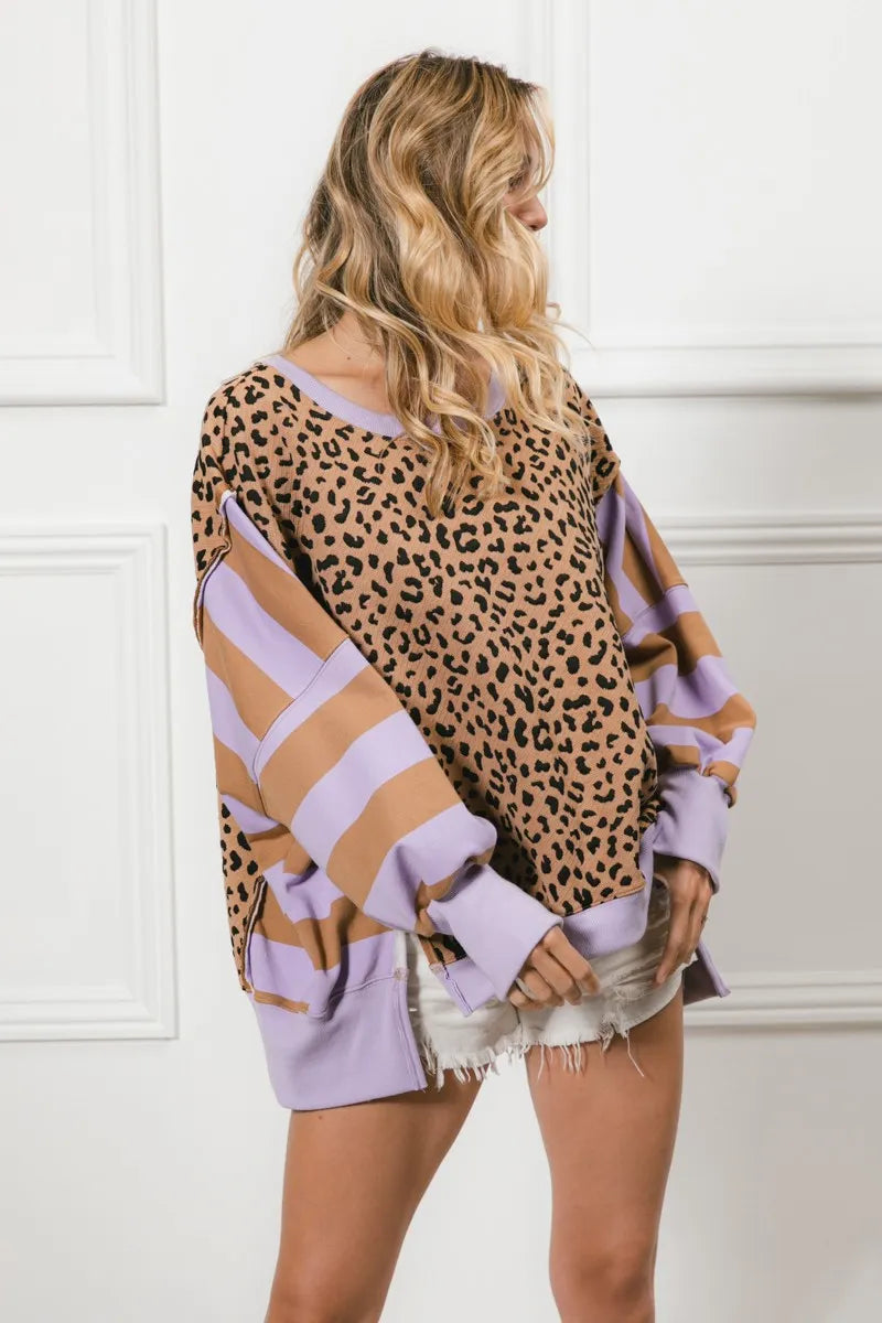 BiBi Leopard & Stripe Mixed Print Women's T-Shirt - Trendy Casual Top for Outfits, Parties & Everyday Wear