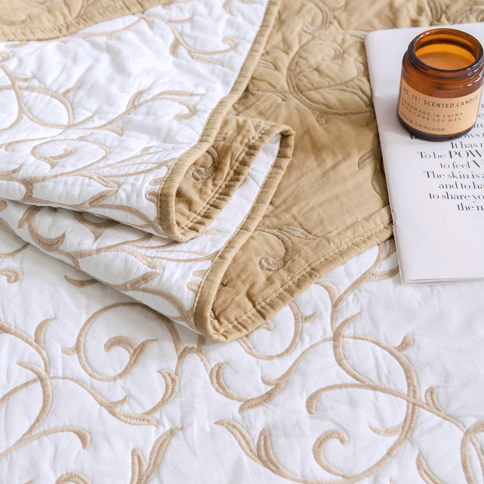 Mixinni King Size Reversible Quilt Set - 3-Piece Soft Cotton Bedding with Elegant Beige Embroidery, Includes Embroidered Decorative Shams & Coverlet | Perfect for Master Bedroom, Guest Room & Cozy Home Decor
